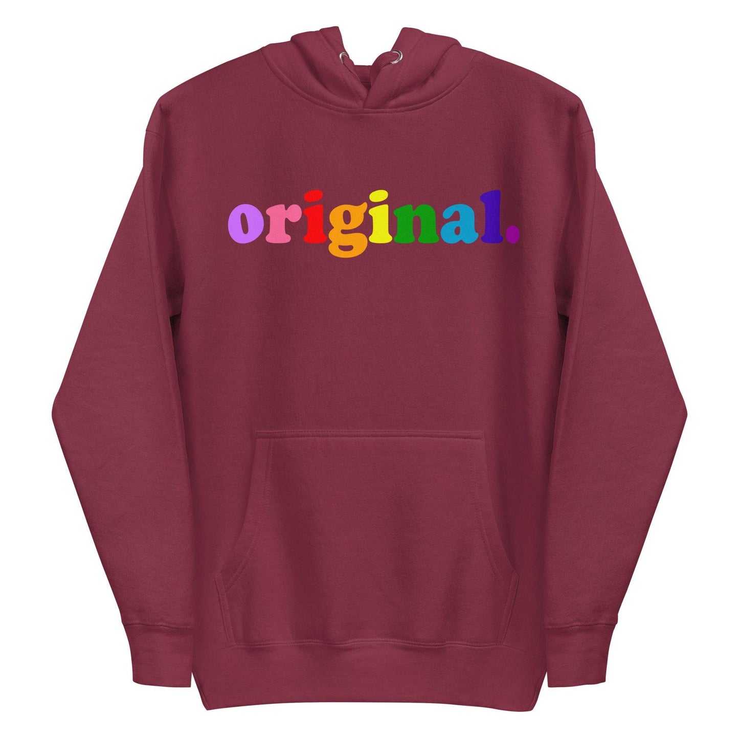 Introducing the Original Hoodie by Pridelity, a black hoodie featuring the word "original" in bold rainbow-colored letters across the chest, capturing the essence of pride shirts. It includes a front pocket and a drawstring hood for both comfort and style.