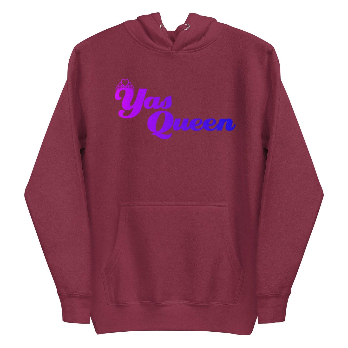 Introducing the Yas Queen Hoodie by Pridelity, a black hoodie from their pride collection. This stylish piece features "Yas Queen" in bold purple and pink lettering across the front to celebrate LGBTQ+ spirit, complete with a regal crown design above the "Y" for an extra touch of flair.