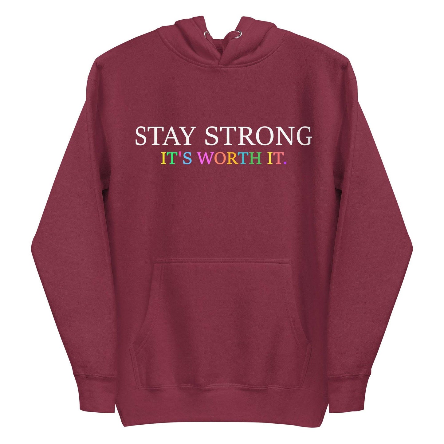 Introducing the "Stay Strong Hoodie" from Pridelity! This black hoodie, part of the pride collection, features a striking design with "STAY STRONG" in white and "IT'S WORTH IT" in vibrant, colorful letters on the front. It's the perfect way to show your support while adding a splash of LGBTQ+ pride to your wardrobe.