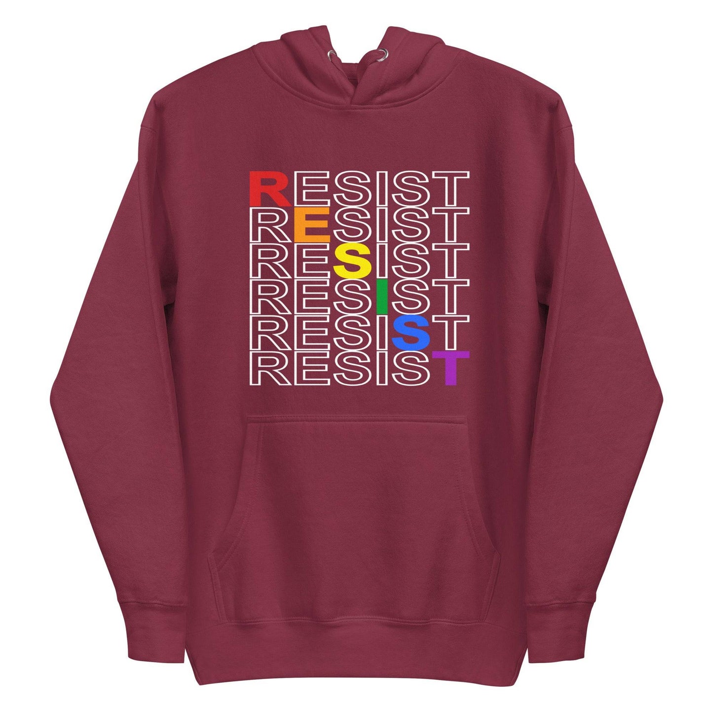 Pridelity's Resist Hoodie from the pride collection is black and showcases the word "RESIST" in white, repeated with a slight shift. Each letter in "RESIST" is adorned in vibrant LGBTQ+ colors: red, orange, yellow, green, blue, and purple.