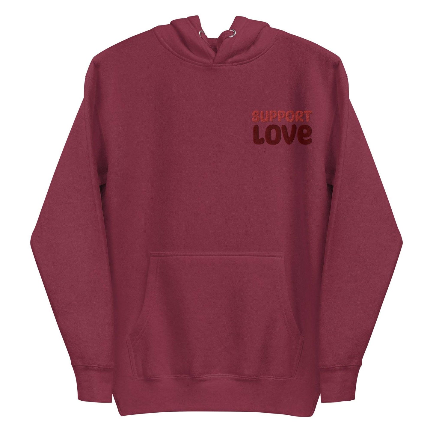 Introducing the "Support Love Hoodie" from Pridelity's pride collection. This LGBTQ+ friendly design in dusty rose boasts "Support Love" printed in dark red on the left chest area. Featuring a stylish front pocket and drawstrings, it beautifully marries fashion with a message of unity and acceptance.