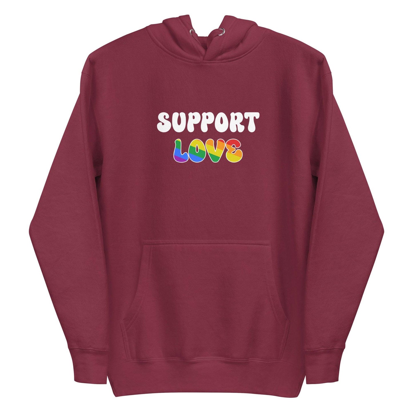 Introducing the "Support Love Hoodie" by Pridelity. This gray hoodie is from our Pride Collection and showcases "SUPPORT LOVE" prominently on the front, with "LOVE" displayed in vibrant rainbow colors. Complete with a front pocket and a drawstring hood, it's the perfect way to embrace inclusivity and show your support for the LGBTQ+ community.