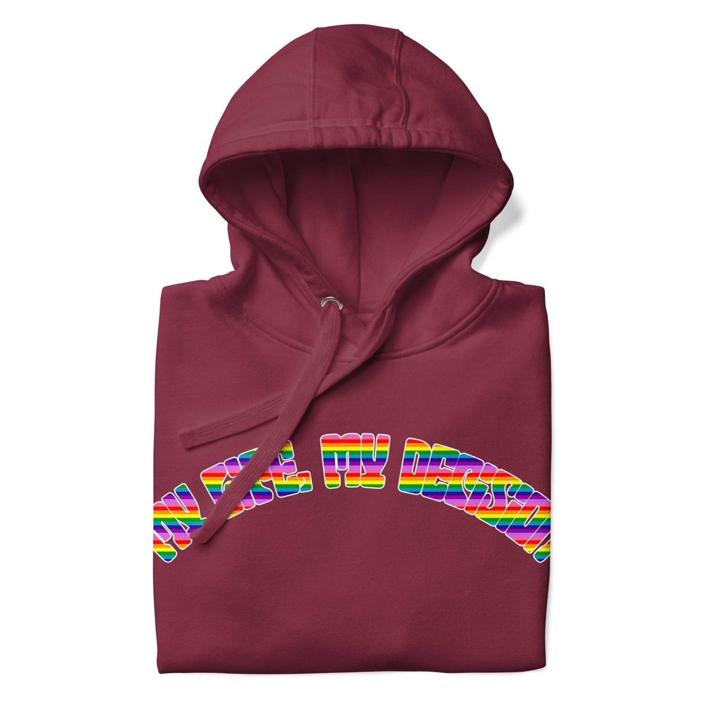 The My Life, My Decision Hoodie by Pridelity is a maroon pride hoodie showcasing "NEO HUMAN" elegantly arched across the chest in vibrant rainbow letters. It includes a front pocket and drawstrings at the hood.