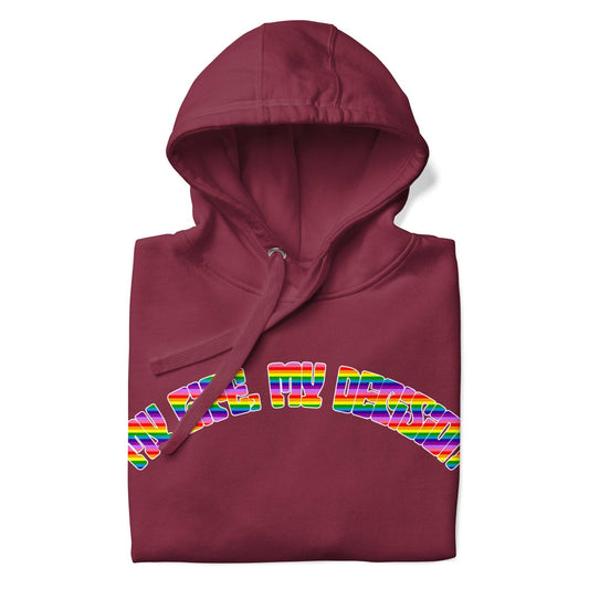 The My Life, My Decision Hoodie by Pridelity is a maroon pride hoodie showcasing "NEO HUMAN" elegantly arched across the chest in vibrant rainbow letters. It includes a front pocket and drawstrings at the hood.
