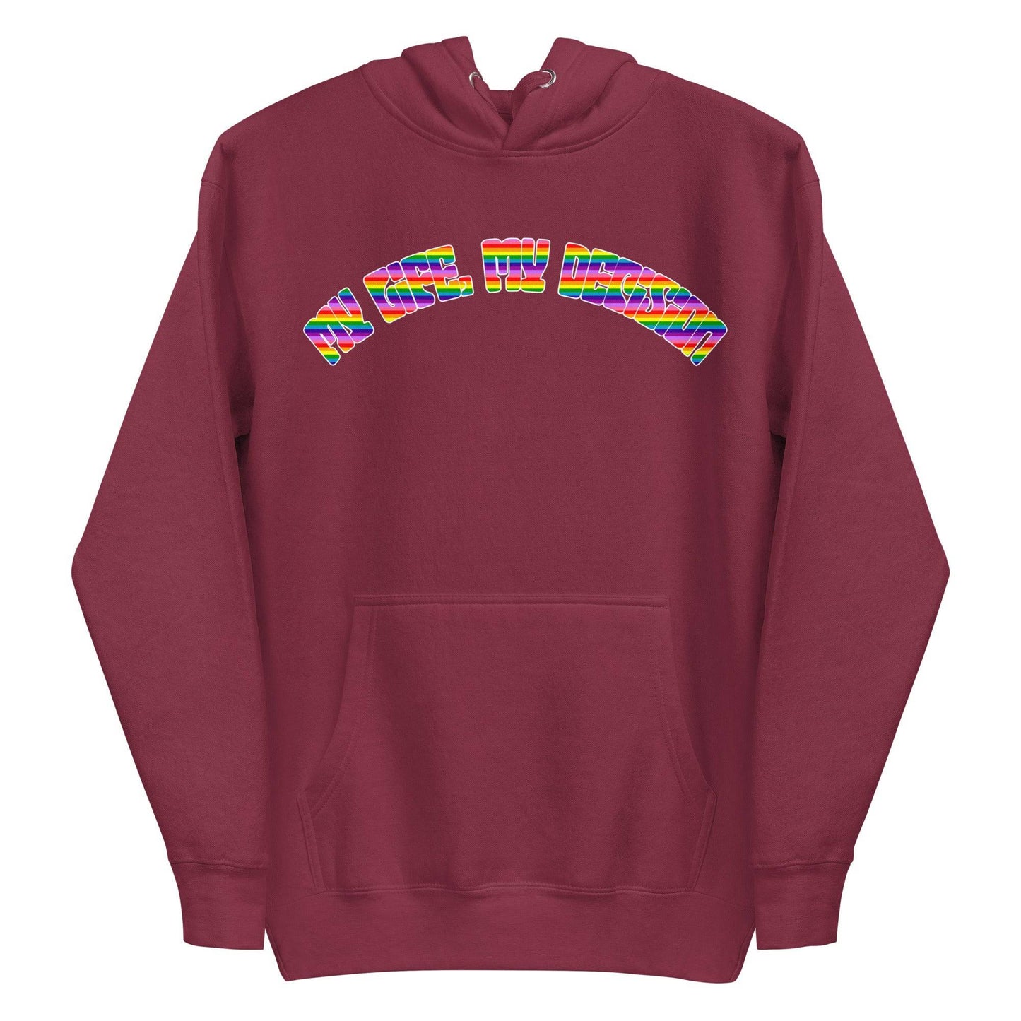 The My Life, My Decision Hoodie by Pridelity is a maroon pride hoodie showcasing "NEO HUMAN" elegantly arched across the chest in vibrant rainbow letters. It includes a front pocket and drawstrings at the hood.