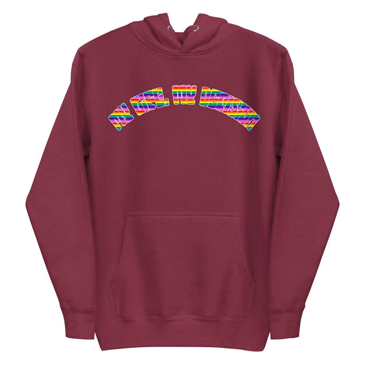 The My Life, My Decision Hoodie by Pridelity is a maroon pride hoodie showcasing "NEO HUMAN" elegantly arched across the chest in vibrant rainbow letters. It includes a front pocket and drawstrings at the hood.