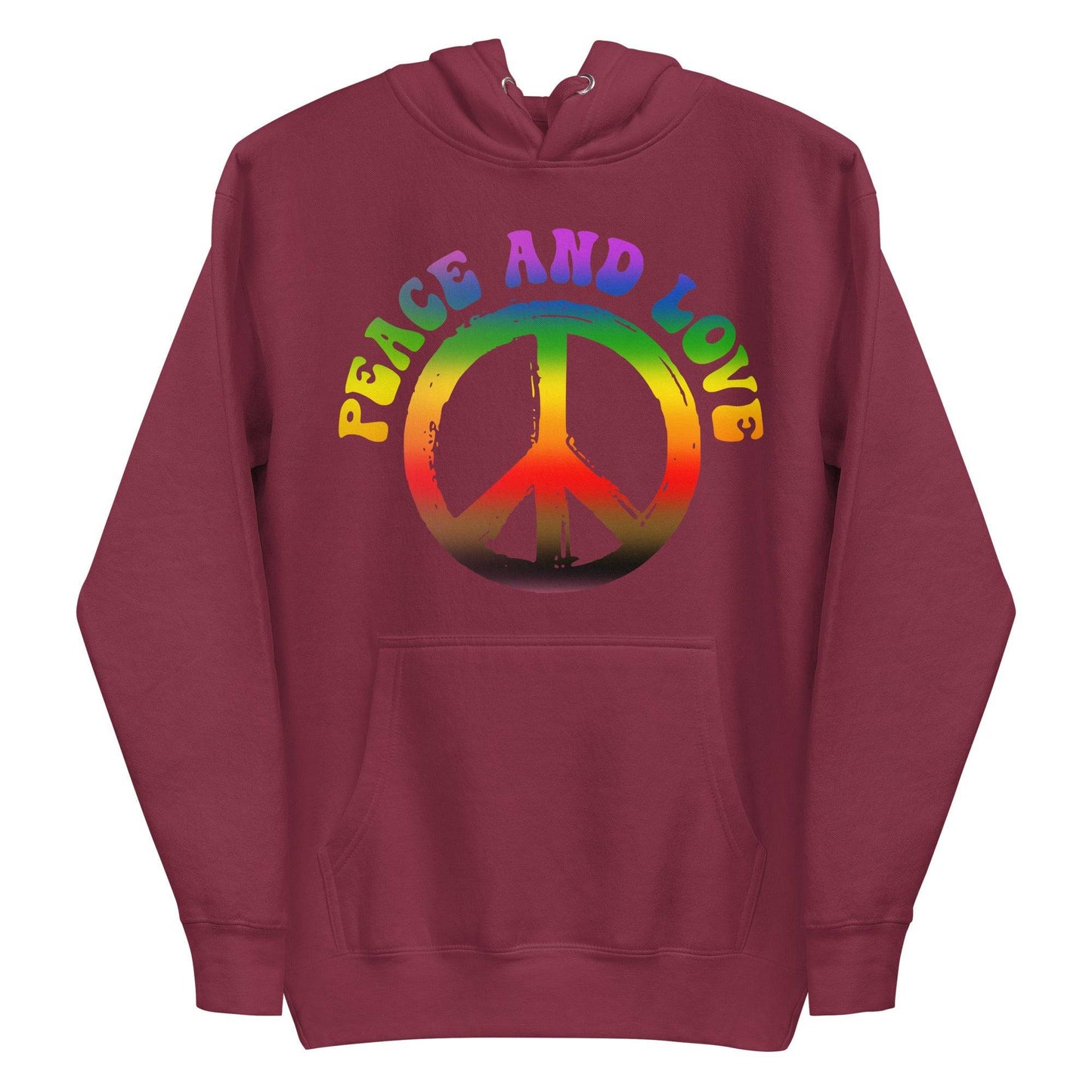 The Peace & Love Hoodie by Pridelity is a white hoodie adorned with a vibrant peace symbol and "Peace and Love" written in rainbow letters, capturing the essence of pride shirts.
