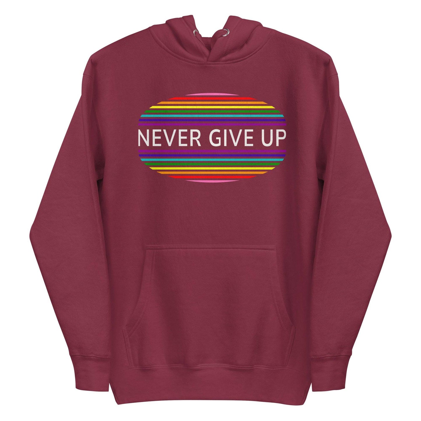The Never Give Up Hoodie by Pridelity features a black design and showcases the inspiring message "Never Give Up" in white within a vibrant, striped oval on the chest, making it an ideal choice for those who appreciate resilience and take pride in their apparel.