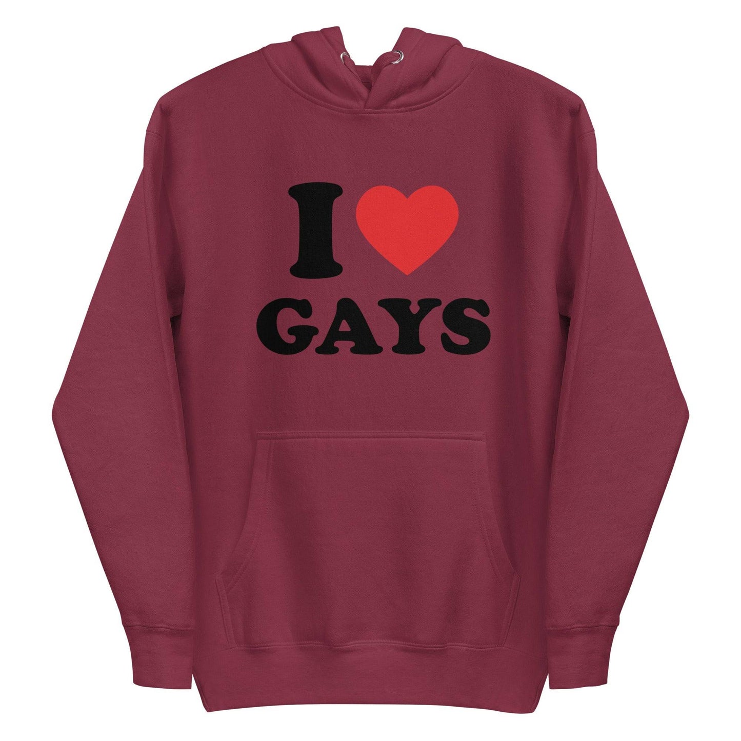 The I Love Gays Hoodie by Pridelity showcases striking black text with "I ♥ GAYS" on the front, substituting a bright red heart for "love." It includes a convenient front pocket and a drawstring hood, offering both style and comfort. This hoodie is available in white.