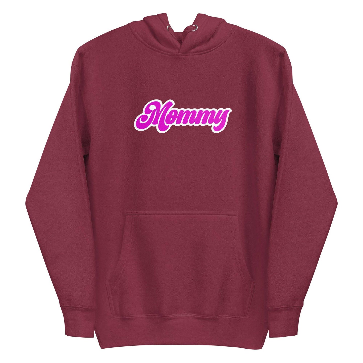 Pridelity's Mommy Hoodie in purple, featuring "Mommy" written in pink cursive across the chest, celebrates pride.