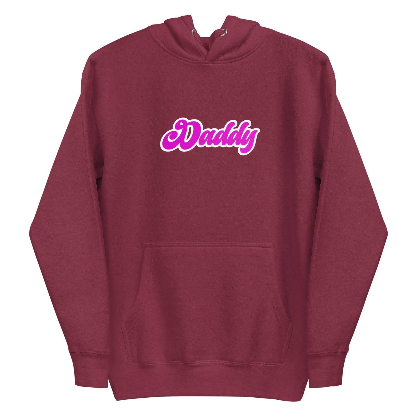 A vibrant piece from Pridelity's Pride Collections, the Daddy Hoodie is a purple standout featuring "Daddy" in bold, pink bubble letters across the chest. It comes equipped with a front pocket and drawstrings, making it perfect for proudly showcasing your style.