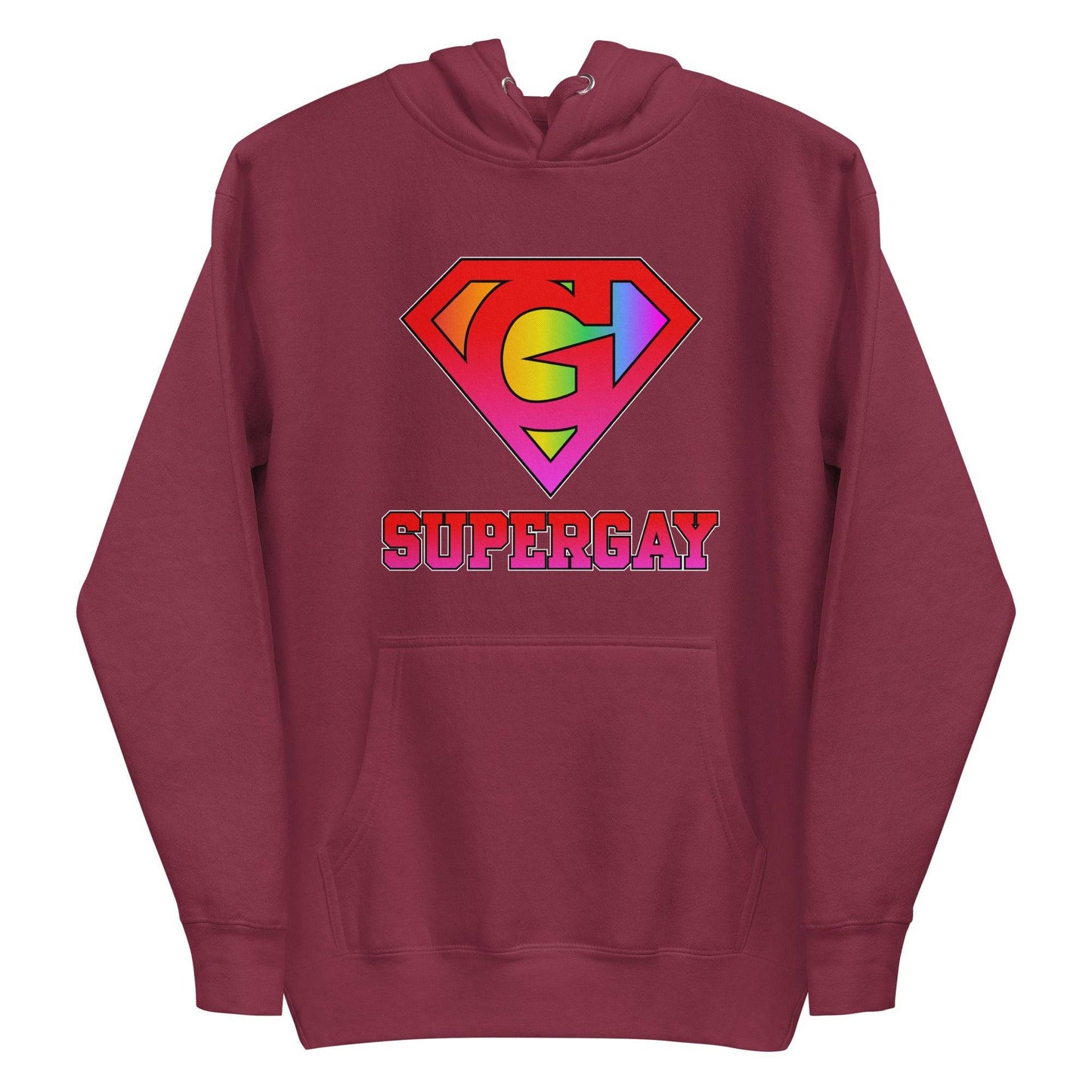 Explore the SuperGay Hoodie by Pridelity, part of our pride collection. This white hoodie features a rainbow-colored "S" shield design reminiscent of a superhero logo, with bold pink letters spelling out "SUPERGAY" below, celebrating LGBTQ+ pride in vibrant style.
