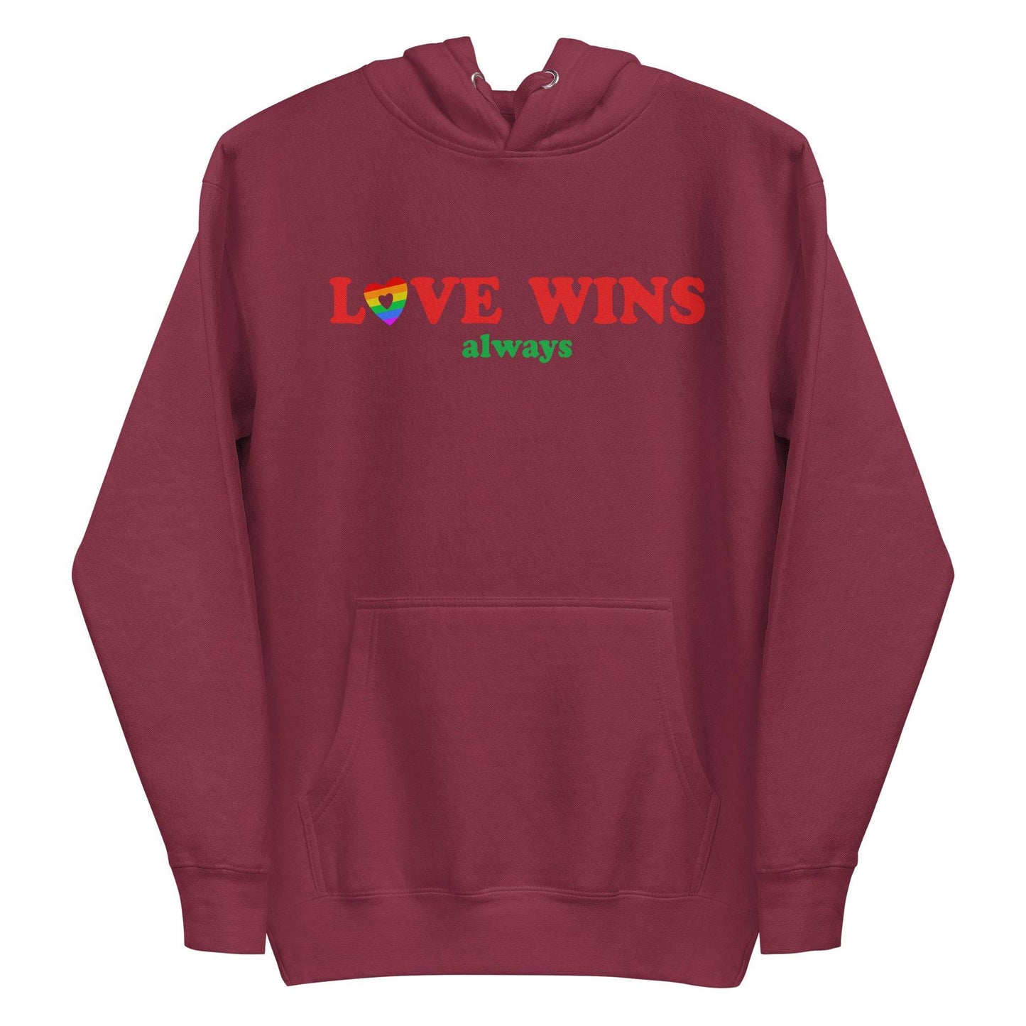 Introducing the Love Wins, Always Hoodie by Pridelity in Team Royal. This cozy garment is perfect for proudly expressing yourself, featuring the phrase "LOVE WINS always" with charming rainbow-colored "O" and "S." Complete with a front pocket and adjustable drawstrings, it offers both comfort and style.