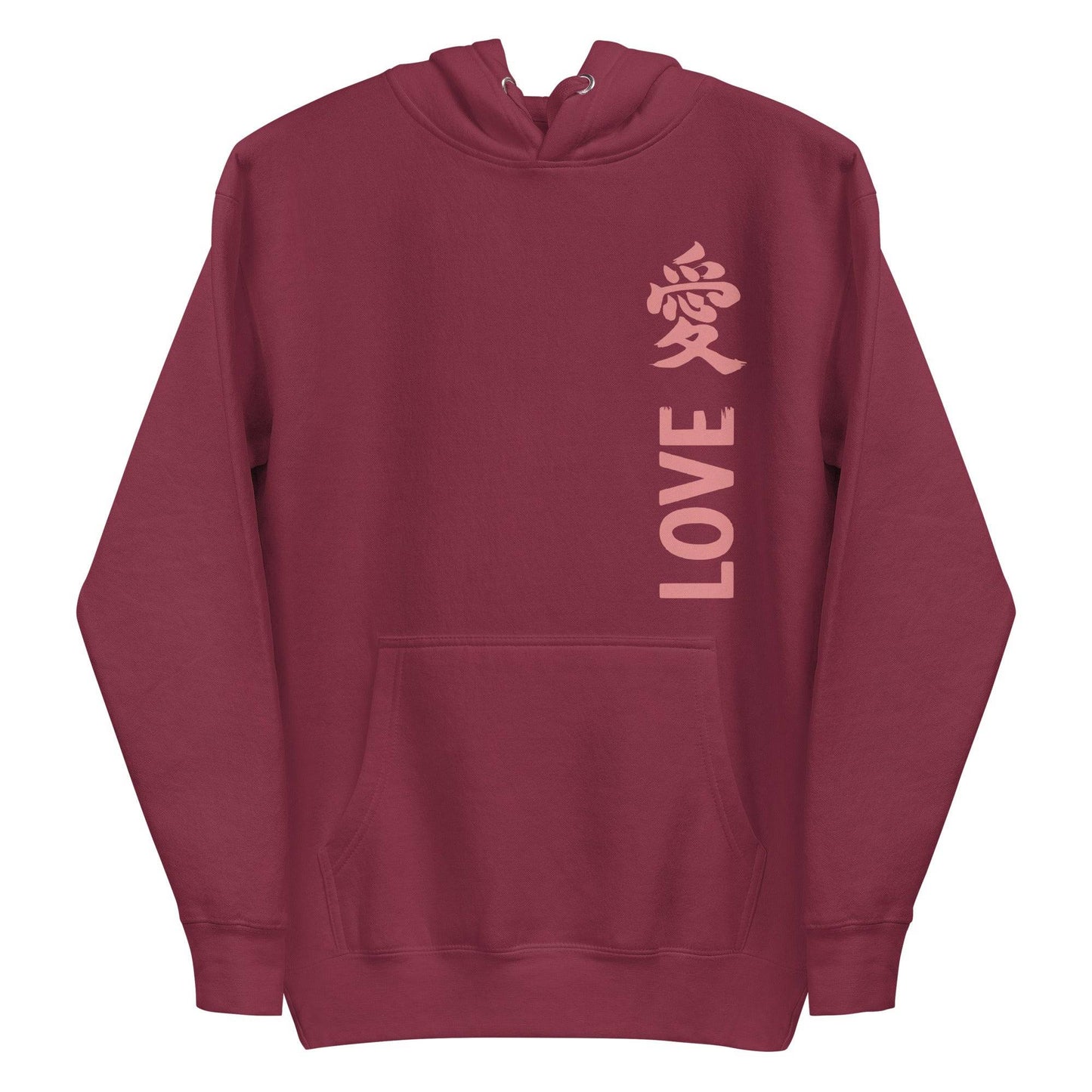 The Love Kanji Hoodie from Pridelity is a black piece featuring the word "LOVE" in pink capital letters running vertically on the front, coupled with a pink stylized Chinese character. This pride-inspired hoodie is designed with a front pocket and drawstring hood, seamlessly blending style with a bold expression of love.