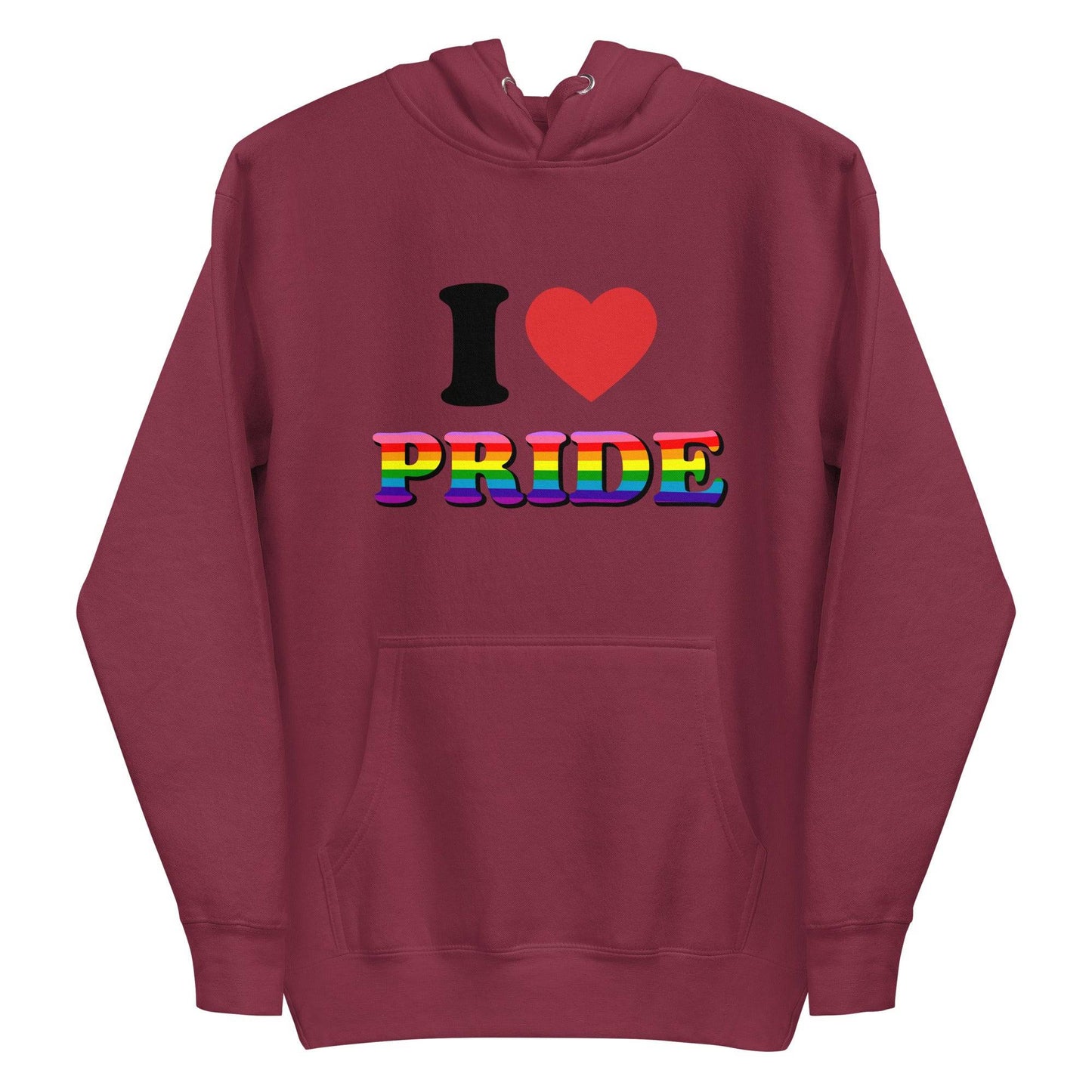Introducing the I Love Pride Hoodie from Pridelity, a stylish white hoodie showcasing "I ❤️ PRIDE" on the front with "PRIDE" glowing in vibrant rainbow colors—ideal for pride enthusiasts.