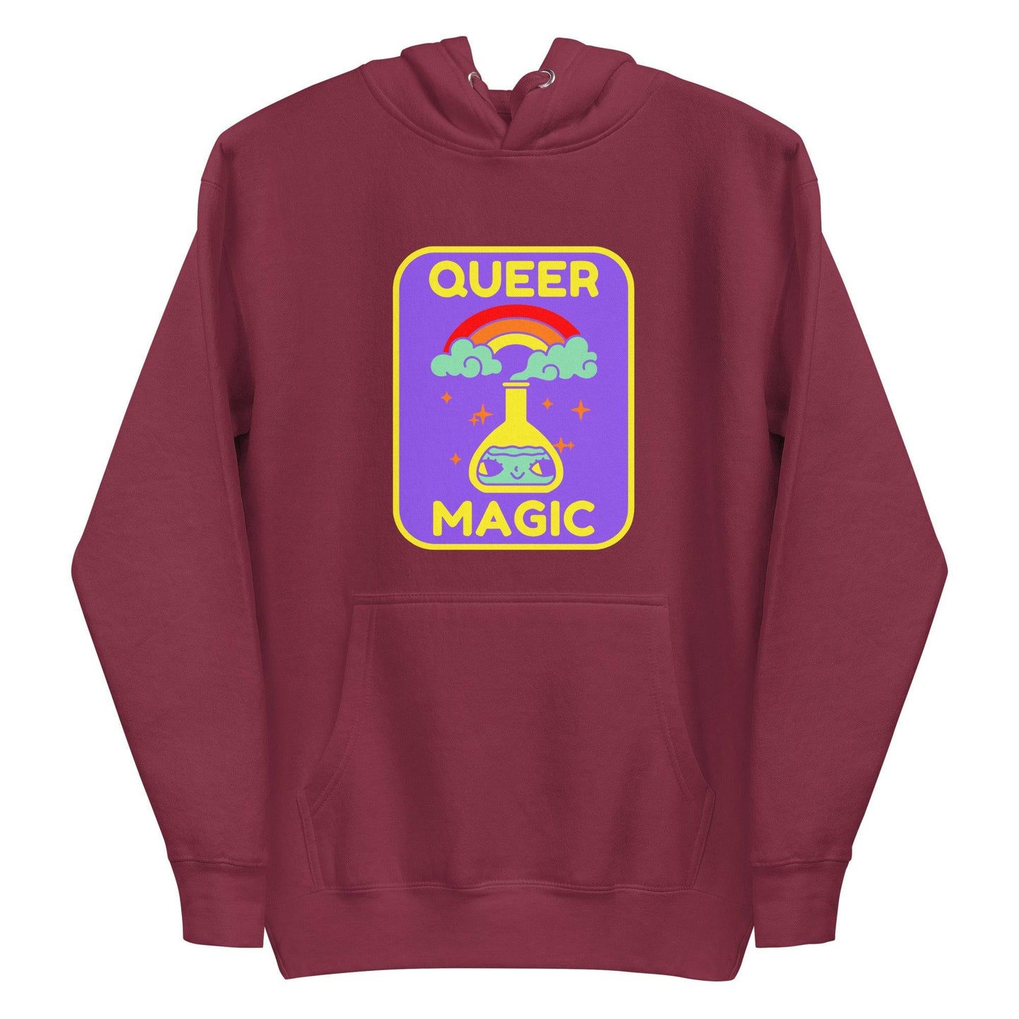 Introducing the "Queer Magic Hoodie" by Pridelity, a stylish piece from our pride collection. This purple hoodie features a vibrant design of a potion bottle with a smiling face, set amidst clouds and a rainbow. The phrase "Queer Magic" is elegantly printed above and below the illustration, celebrating LGBTQ+ spirit with flair.