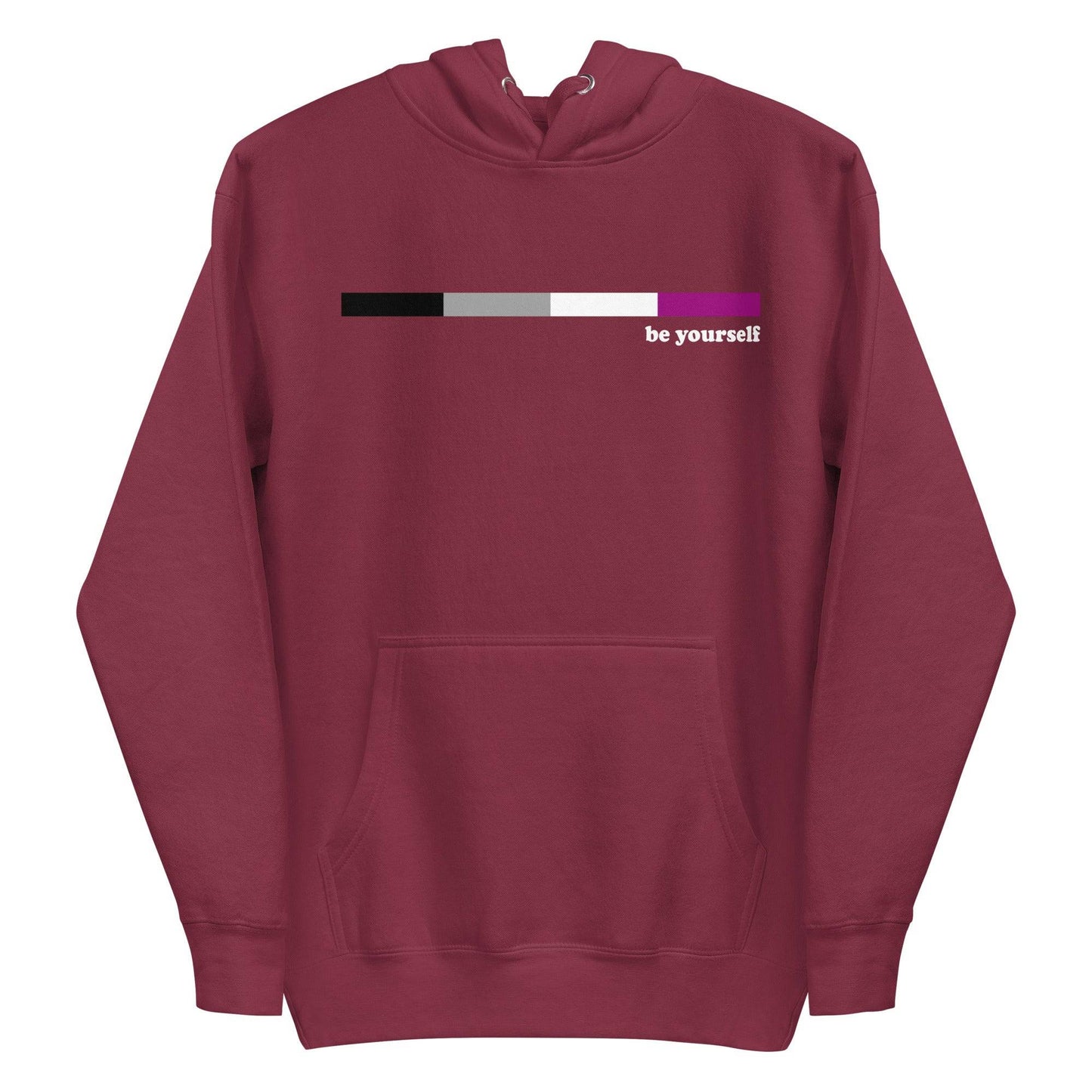 Presenting the Asexual Hoodie by Pridelity: a maroon hoodie adorned with a horizontal bar design in a pride-inspired gradient of black, gray, white, and pink. The phrase "be yourself" is elegantly printed in white on the right side of the design. Featuring a front pouch pocket, this hoodie makes an ideal addition to your Pride Merch collection.