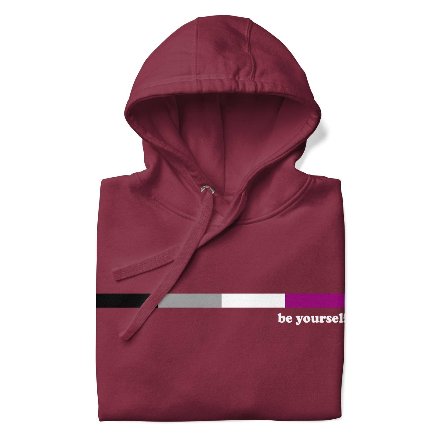 Presenting the Asexual Hoodie by Pridelity: a maroon hoodie adorned with a horizontal bar design in a pride-inspired gradient of black, gray, white, and pink. The phrase "be yourself" is elegantly printed in white on the right side of the design. Featuring a front pouch pocket, this hoodie makes an ideal addition to your Pride Merch collection.