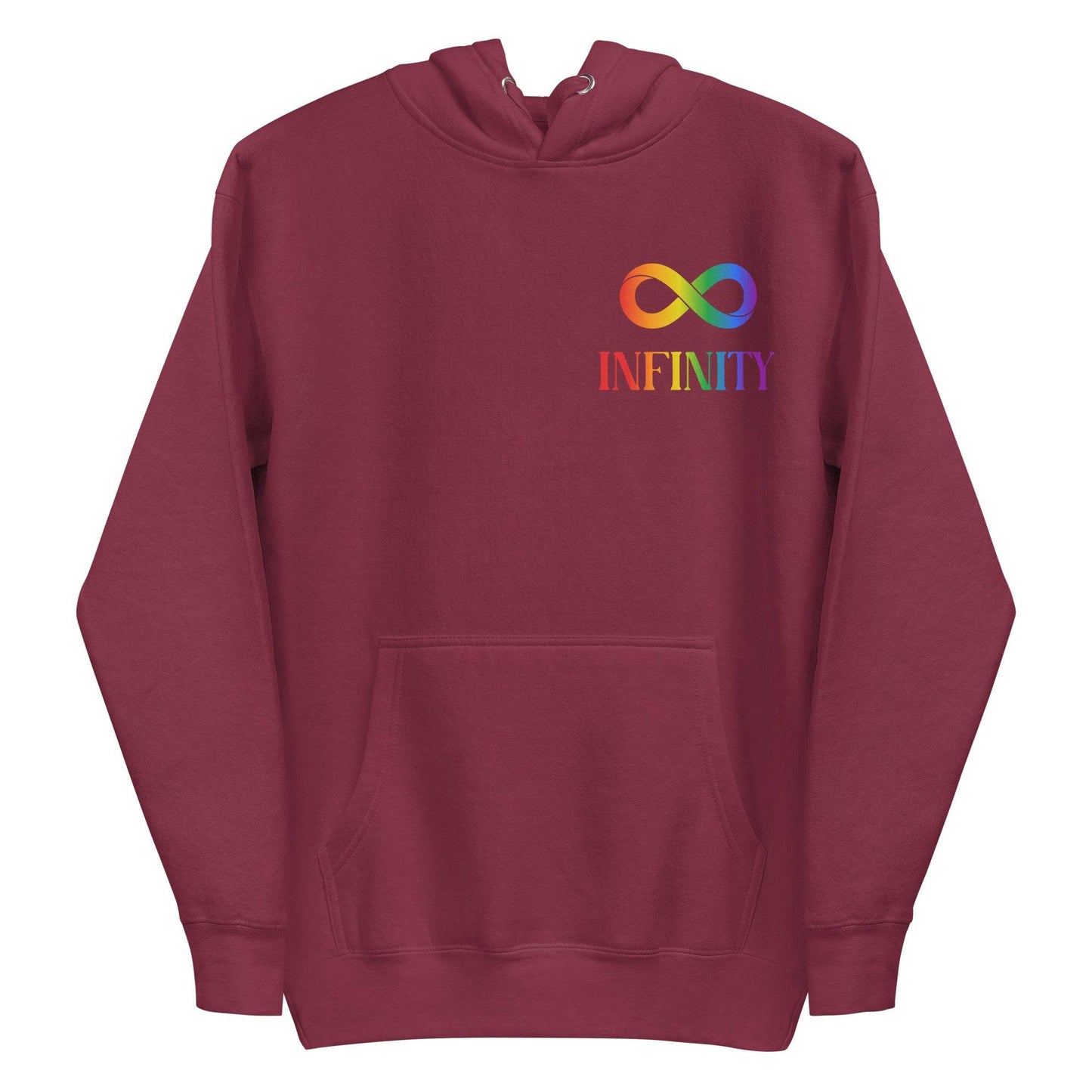 Introducing the Infinity Hoodie by Pridelity, a black hoodie adorned with a vibrant gradient rainbow infinity symbol and the word "INFINITY" on the chest. This design celebrates pride by allowing you to express your true colors and embrace diversity, making it a standout choice among pride shirts.