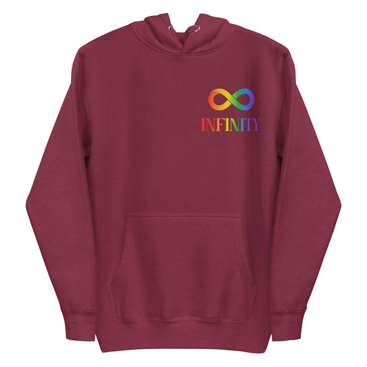 Introducing the Infinity Hoodie by Pridelity, a black hoodie adorned with a vibrant gradient rainbow infinity symbol and the word "INFINITY" on the chest. This design celebrates pride by allowing you to express your true colors and embrace diversity, making it a standout choice among pride shirts.