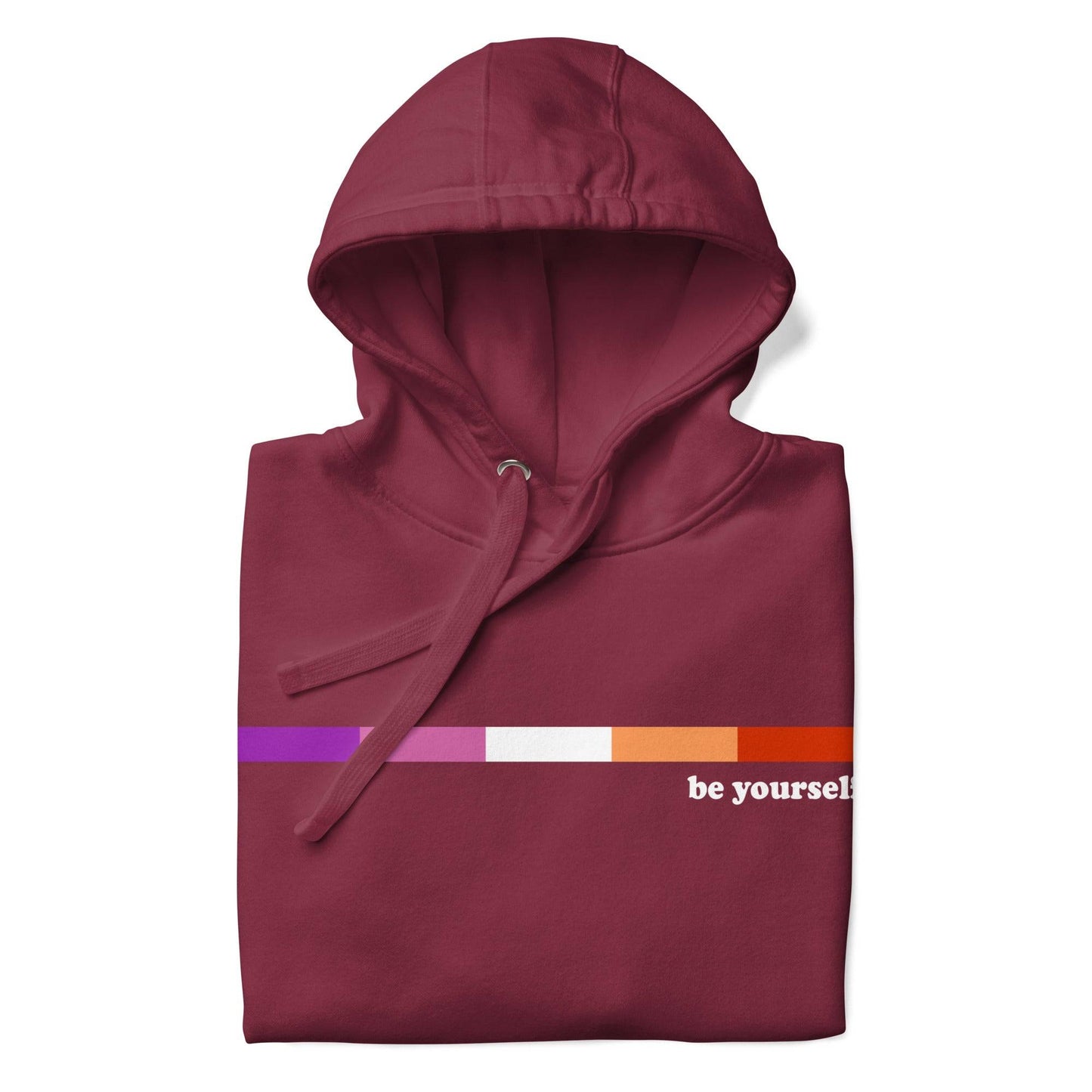 Introducing the Pridelity Lesbian Hoodie: a maroon hoodie with a front pocket, featuring a stunning pride-inspired horizontal gradient from purple to orange. "Be yourself" is elegantly displayed in white text on the right side, making it an ideal choice for individuals who celebrate diversity and embrace their unique individuality every day.