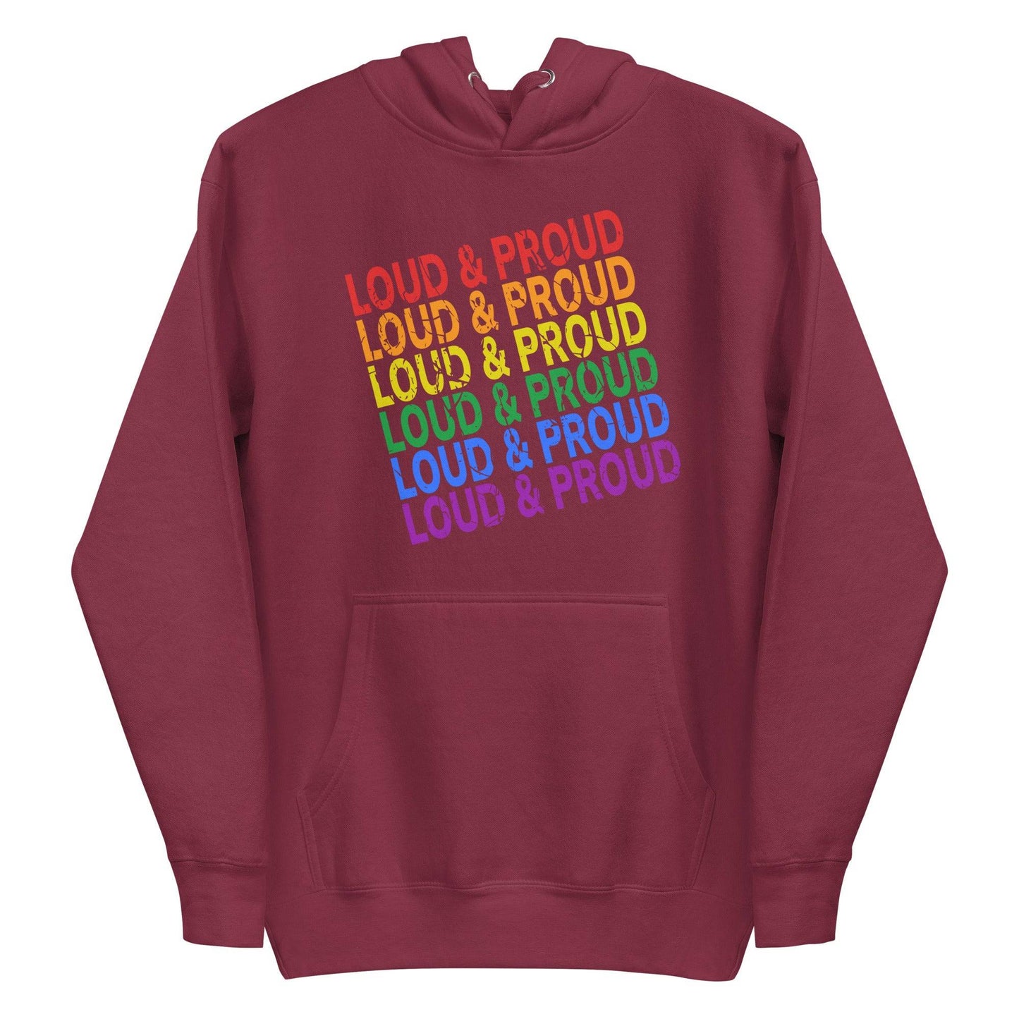 Introducing the Loud & Proud Hoodie by Pridelity: A black hoodie featuring the phrase "LOUD & PROUD" repeated in bold, eye-catching gradient letters. Ideal for those who love pride-themed apparel and wish to showcase their vibrant spirit with flair.