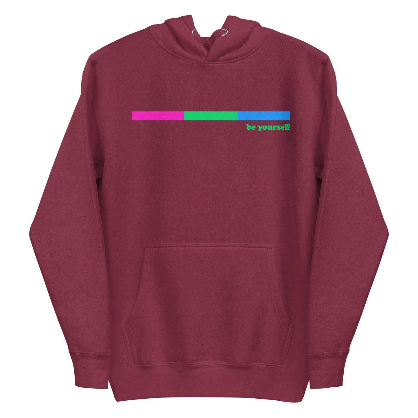 Introducing the Polysexual Hoodie by Pridelity: This black hoodie combines comfort and style with its front pocket and drawstring hood. It features a design inspired by pride shirts, showcasing a horizontal bar shaded pink and green on one side, accompanied by the phrase "be yourself" in green text on the right.