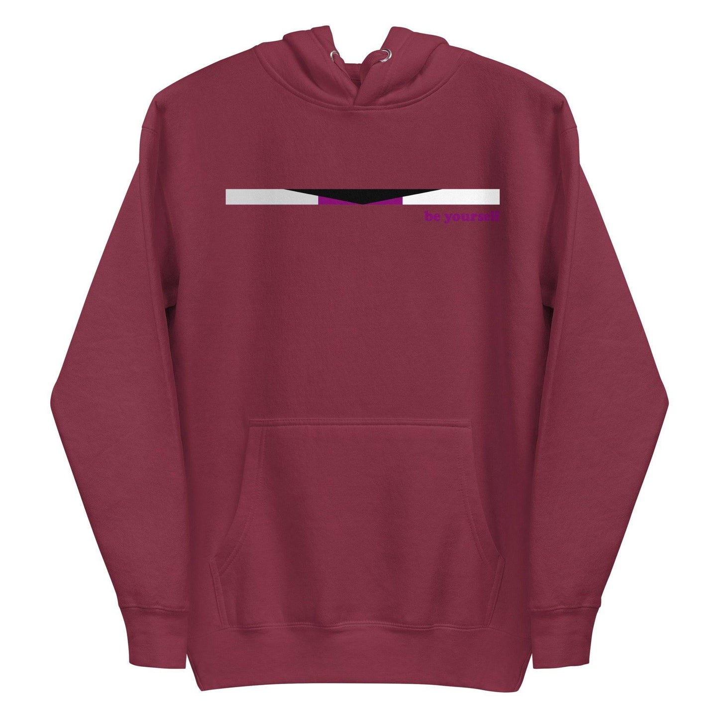 The Demisexual Hoodie by Pridelity is a stylish purple hoodie that highlights a small pride flag design across the chest, featuring black, gray, white, and purple stripes. Bold red text beside the flag reads "be yourself." It also includes a convenient front pocket and a cozy drawstring hood for ultimate comfort.