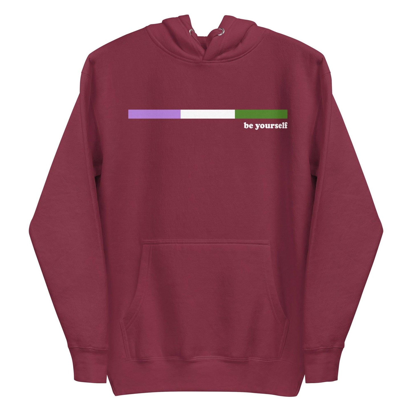 The Genderqueer Hoodie by Pridelity showcases a purple design with a genderfluid pride flag on the chest. Displaying the phrase "be yourself" in white next to the flag, it includes a front pocket and drawstring hood, making it ideal for expressing your true self in style.