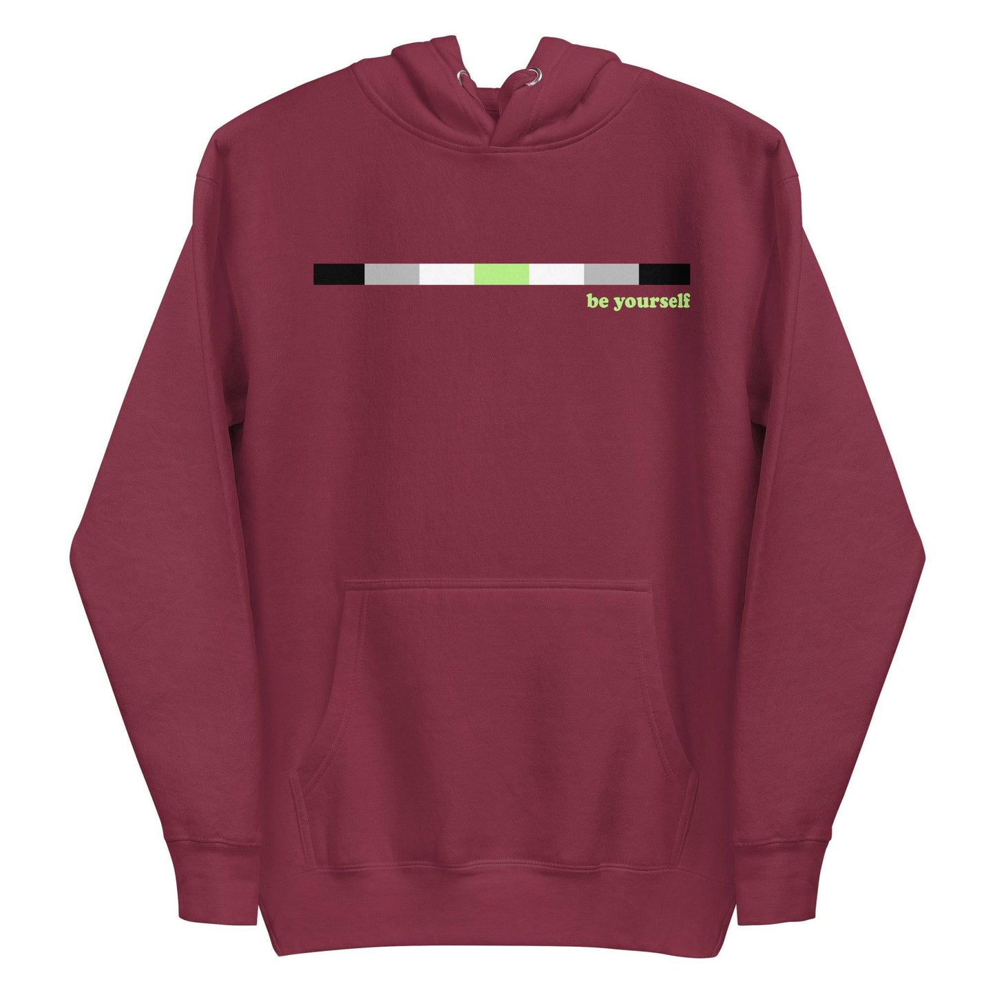 Pridelity Agender Hoodie: a navy blue hoodie featuring a horizontal color bar in black, gray, white, and green. Adjacent to the bar on the right side is green text that reads "be yourself." This exclusive item from our Pride Collection includes a front pocket and drawstring hood.
