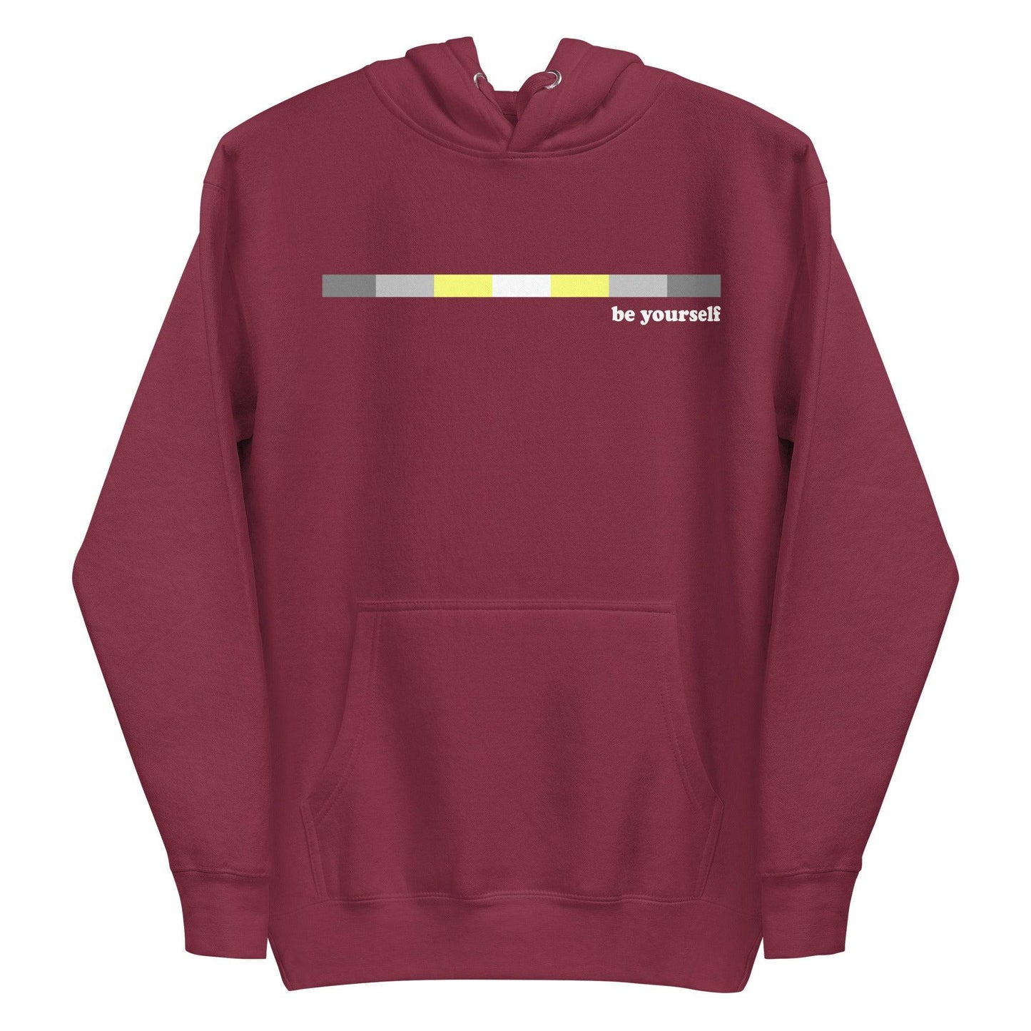 Introducing the Demigender Hoodie by Pridelity: a black pride hoodie showcasing a horizontal progress bar design in gray, yellow, and black shades. The text "be yourself" is prominently displayed beside the bar. The stylish and comfortable hoodie features a front pocket and drawstring hood.