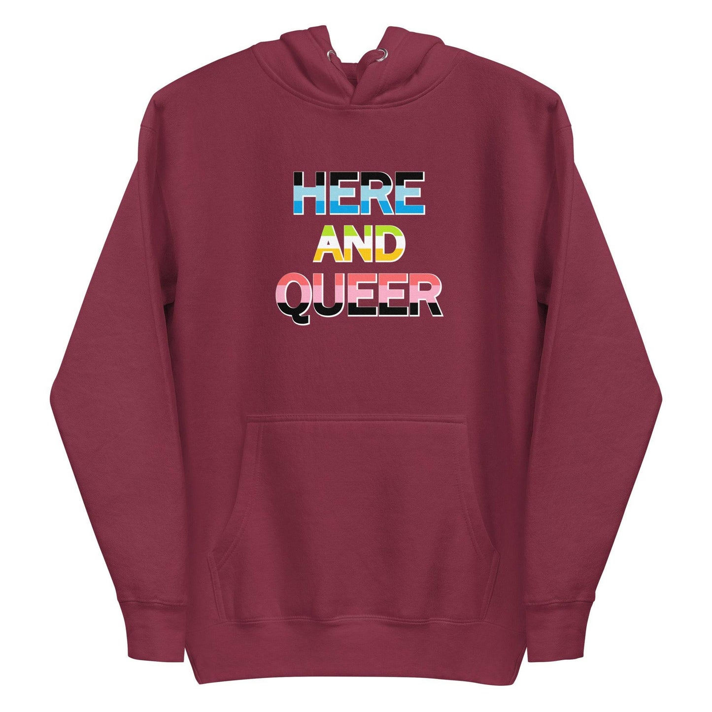 Team Royal "Here And Queer" hoodie by Pridelity, featuring rainbow gradient text on the front.