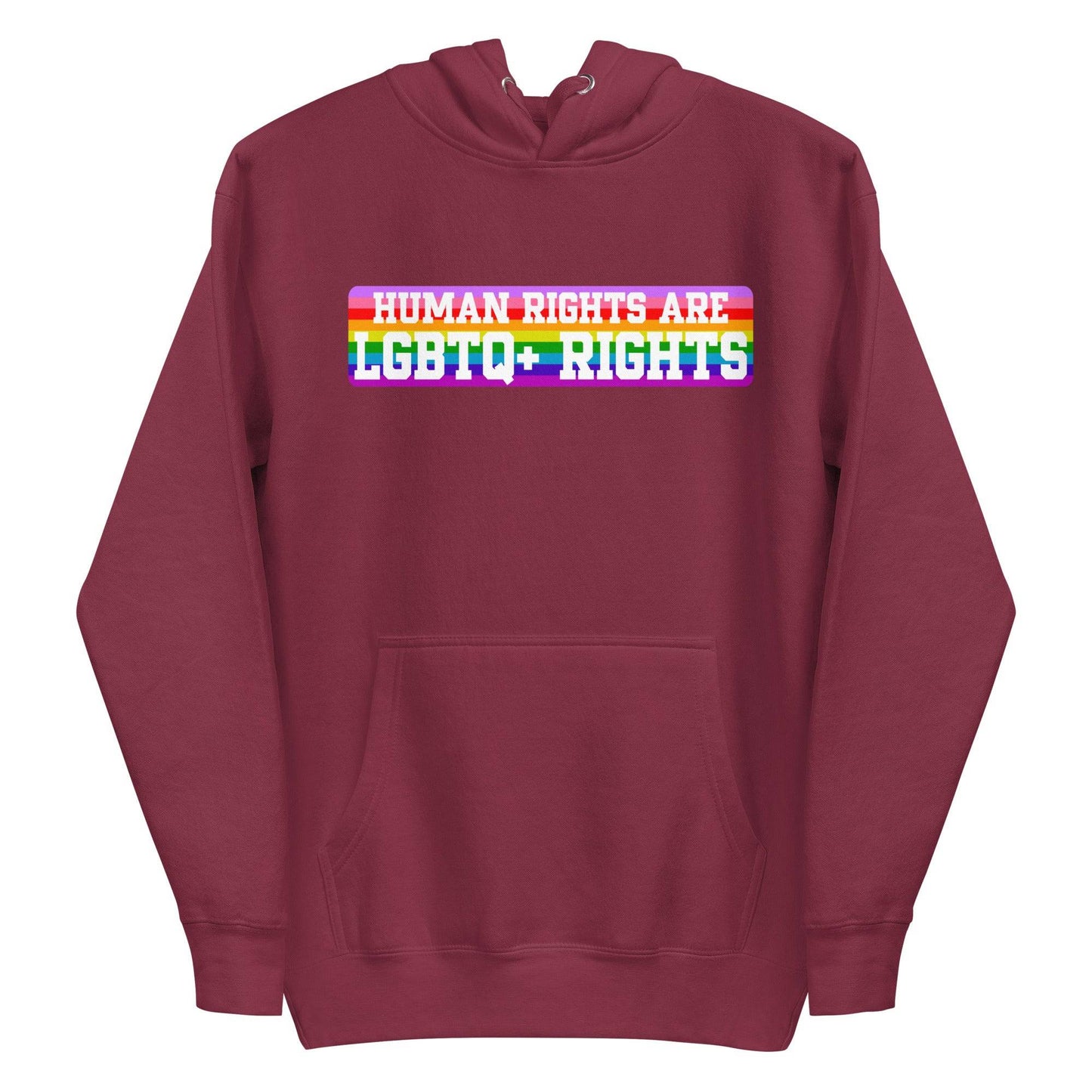 Introducing the Pridelity LGBTQ+ Rights Hoodie, a striking white garment that makes a powerful fashion statement. It features an eye-catching text design with the message "Human Rights Are LGBTQ+ Rights" set against a lively rainbow backdrop, capturing the essence of pride apparel with its inspiring message.