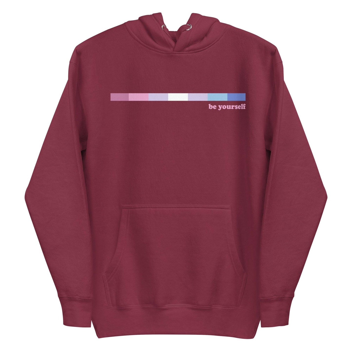 Introducing the Bigender Hoodie from Pridelity's Pride Collections, available in maroon. This hoodie showcases a front pocket and a beautiful horizontal gradient in pink and purple shades, with the phrase "be yourself" elegantly displayed in white on the right side of the chest.