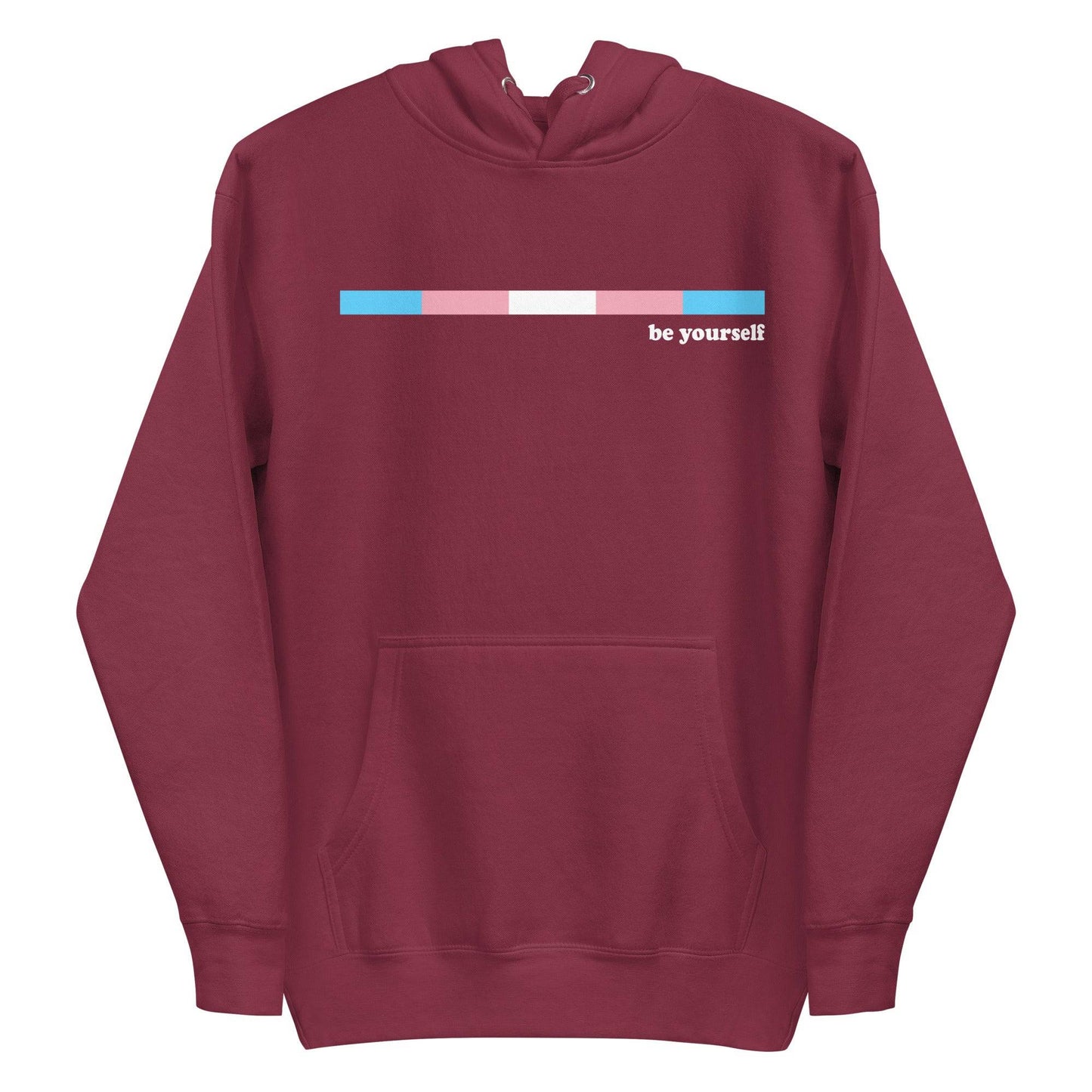 Celebrate your LGBTQ+ pride with Pridelity's Trans Hoodie in Team Royal. This stylish hoodie features a front pocket and a thin horizontal gradient bar of blue, pink, and white. Next to it, you'll find the empowering message "be yourself" printed in crisp white.