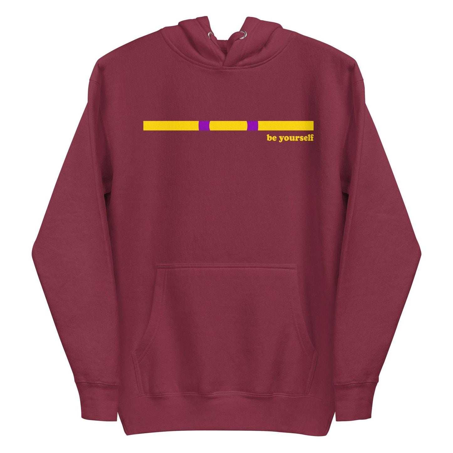 The Intersex Hoodie by Pridelity, in black, features a horizontal yellow and purple bar above the chest with "be yourself" in yellow on the right. It includes a front pocket and drawstring hood, offering a comfortable yet empowering style.