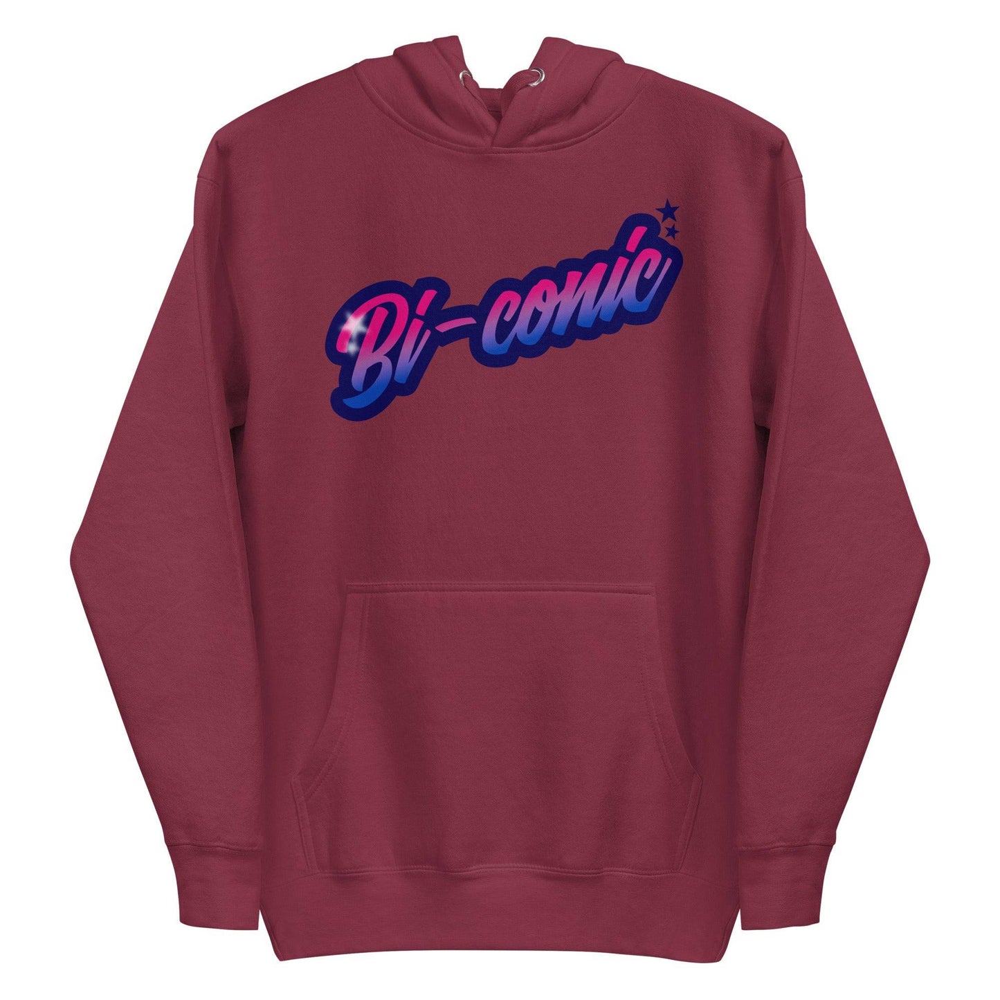Pridelity's Bi-Conic Hoodie from our Pride Merch collection showcases the word "Bi-conic" in bold, stylized text on the front. The gradient text fades from pink to white, outlined with a dark border and highlighted by subtle stars. This blue hoodie also features a handy front pocket.