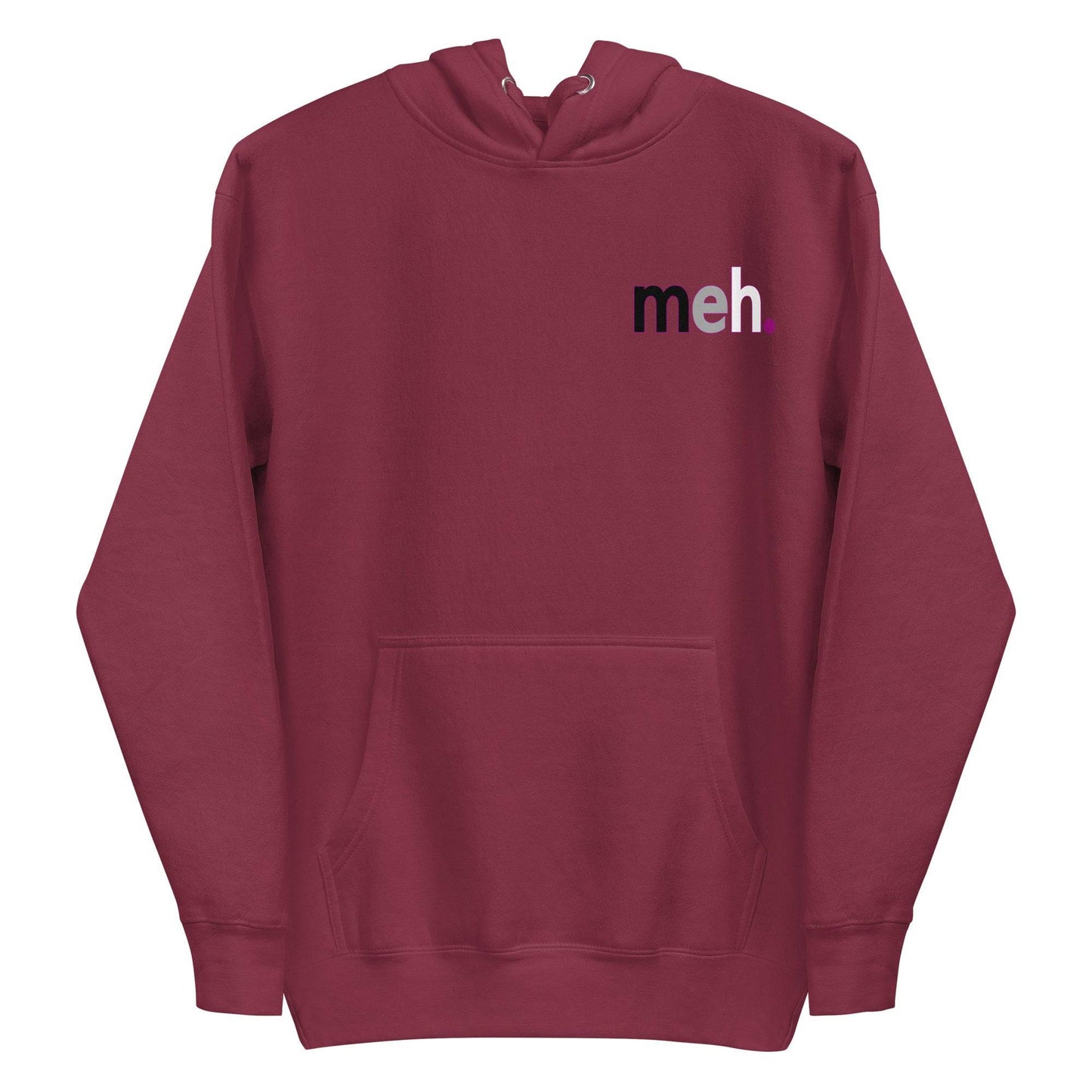Introducing the Meh. Hoodie by Pridelity, featuring bold black and purple "meh." text on the upper left chest, reminiscent of pride shirts. This stylish white hoodie comes with a front pocket and an adjustable drawstring hood for added comfort and style.