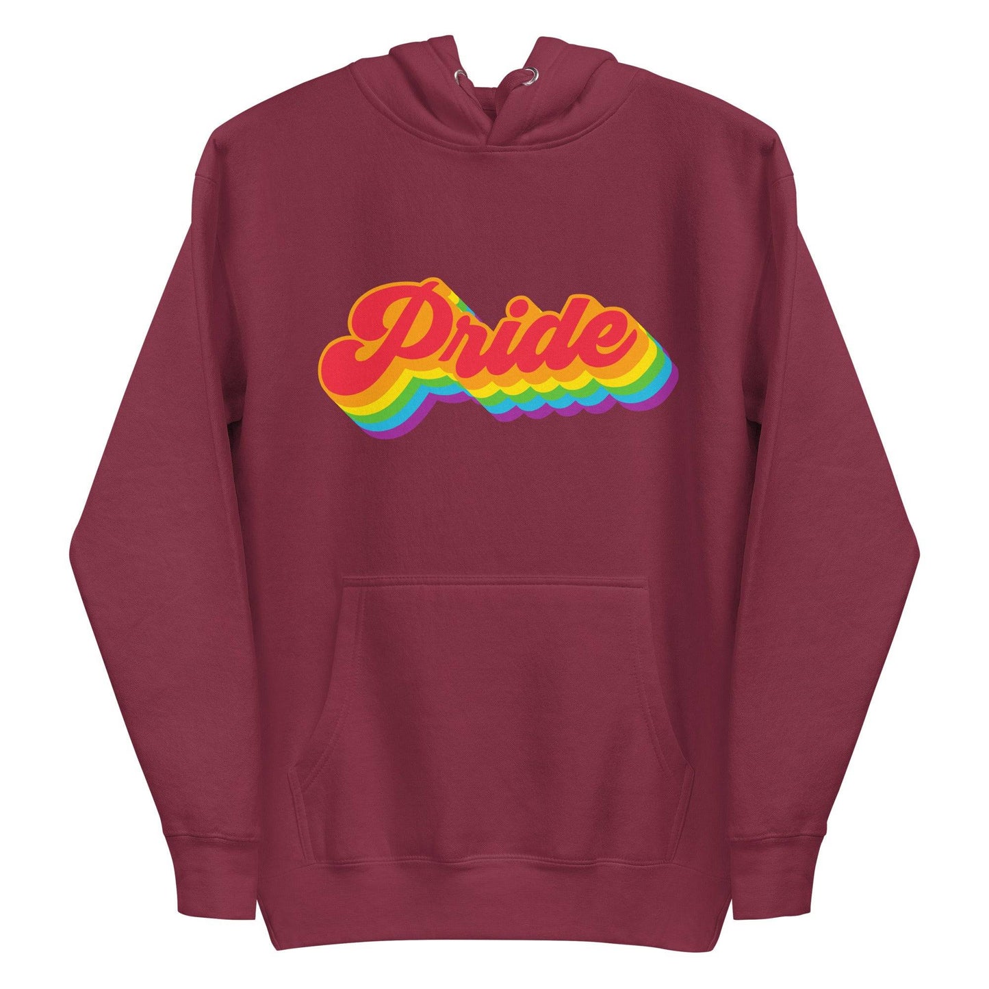 Presenting the Pride Hoodie from Pridelity, this standout piece features "Pride" in bold, colorful 3D-style letters with a striking rainbow gradient effect on its white fabric, proudly showcasing its vibrant design front and center.