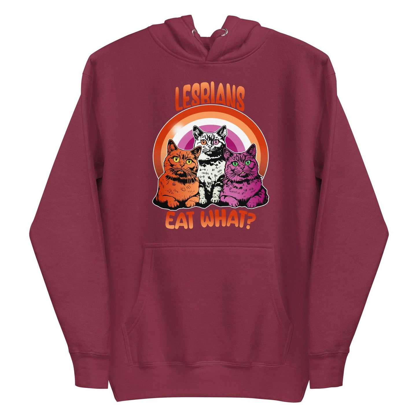 The maroon "Lesbians Eat What?" hoodie from Pridelity features three vibrant cats set against a rainbow background. The word "Lesbians" is prominently displayed above, with the humorous phrase "Eat What?" boldly written below, making it an ideal pride garment for those who want to express their style and humor.