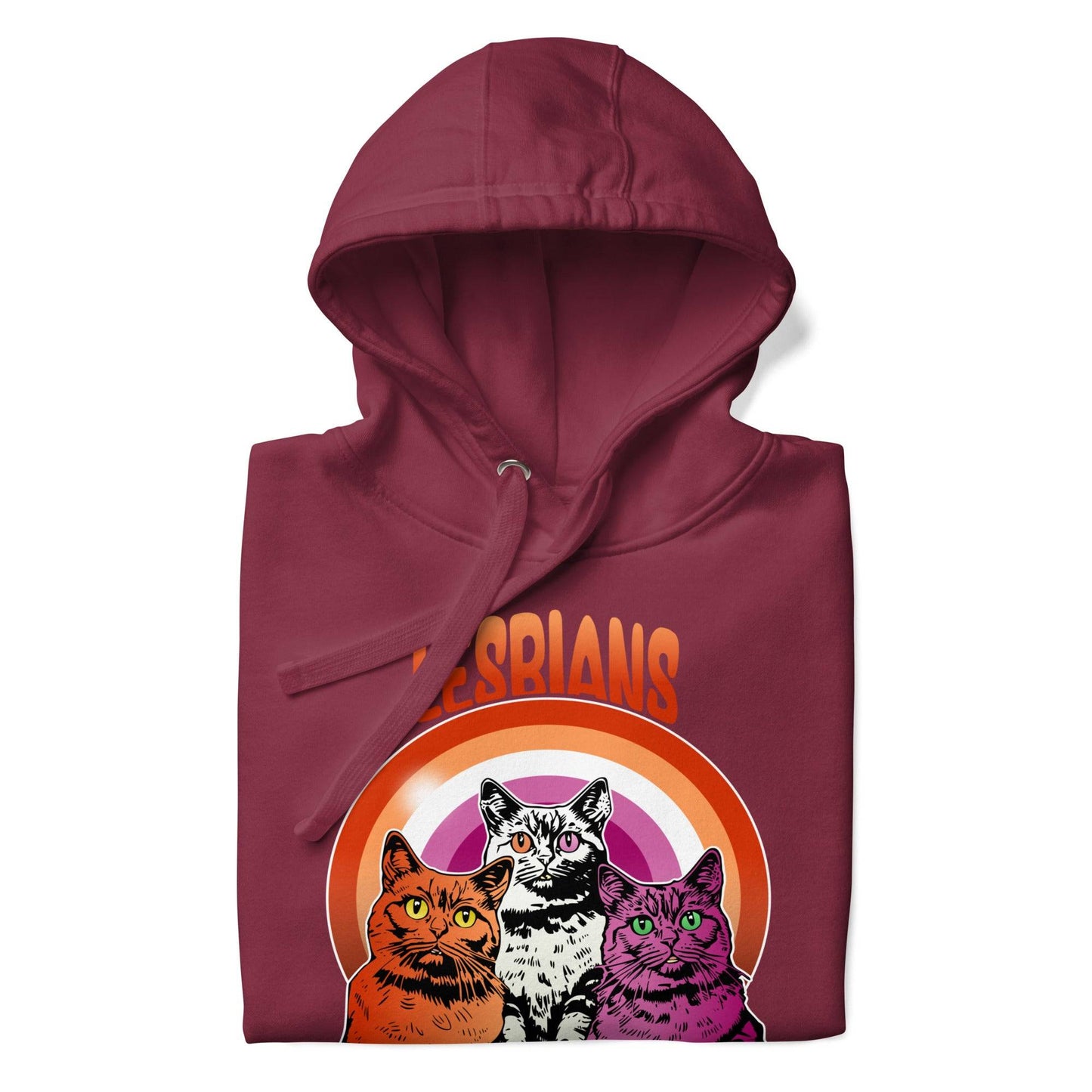 The maroon "Lesbians Eat What?" hoodie from Pridelity features three vibrant cats set against a rainbow background. The word "Lesbians" is prominently displayed above, with the humorous phrase "Eat What?" boldly written below, making it an ideal pride garment for those who want to express their style and humor.