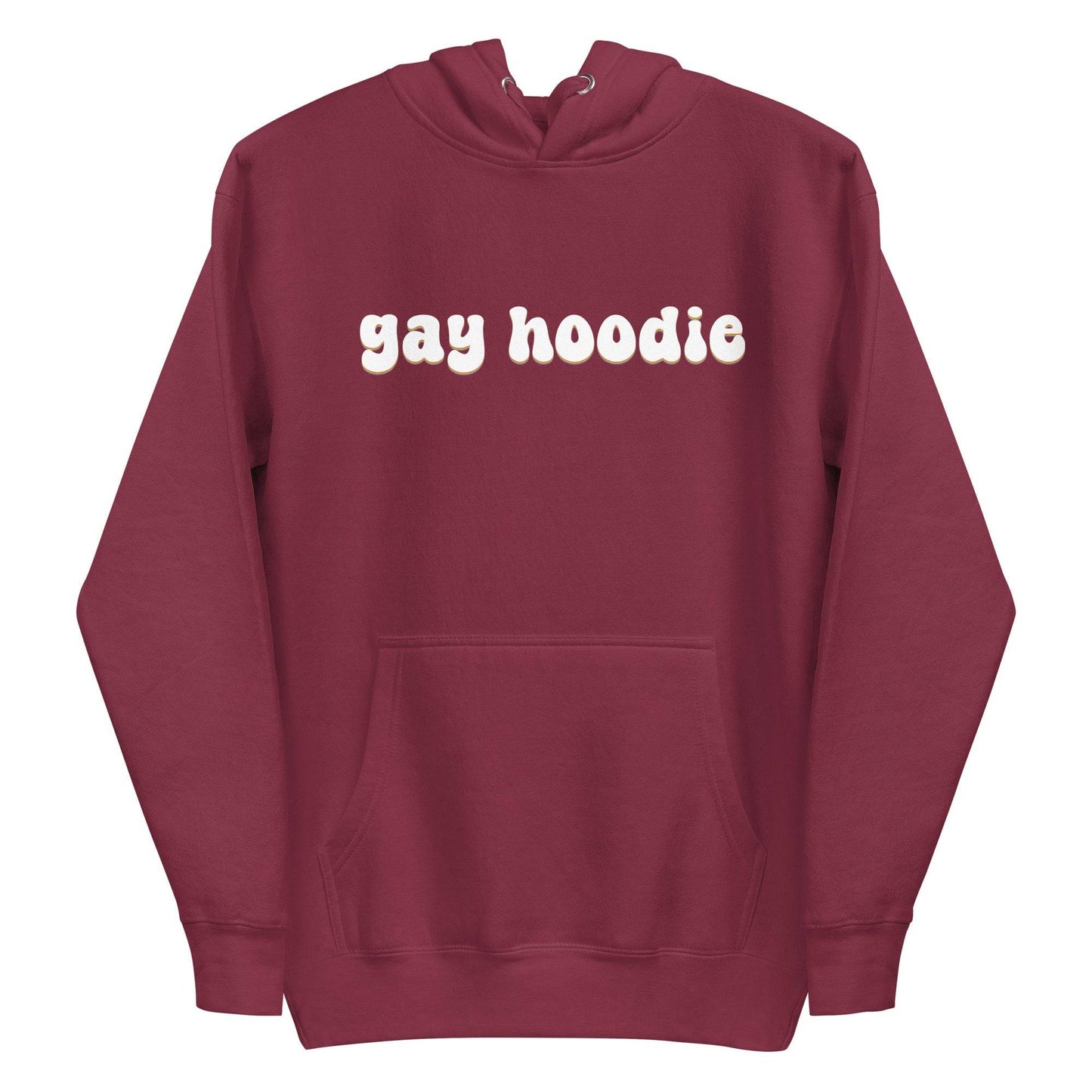 Introducing the Gay Hoodie by Pridelity: A black pride hoodie featuring cream-colored text with the phrase "gay hoodie" on the front. Designed for comfort and style, it includes a front pocket and drawstrings.
