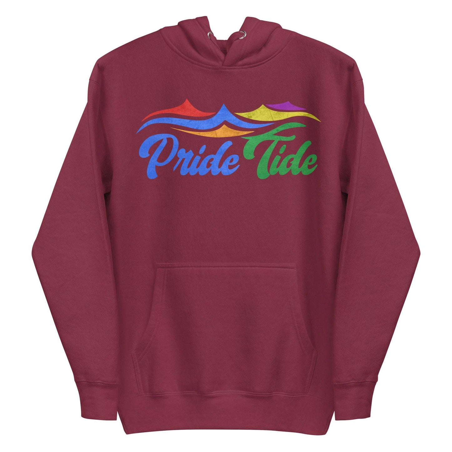 Experience the vibrant Pride Tide Hoodie by Pridelity, featuring a colorful wave design above "Pride Tide" in gradient rainbow colors on a sleek black canvas, symbolizing LGBTQ+ pride.