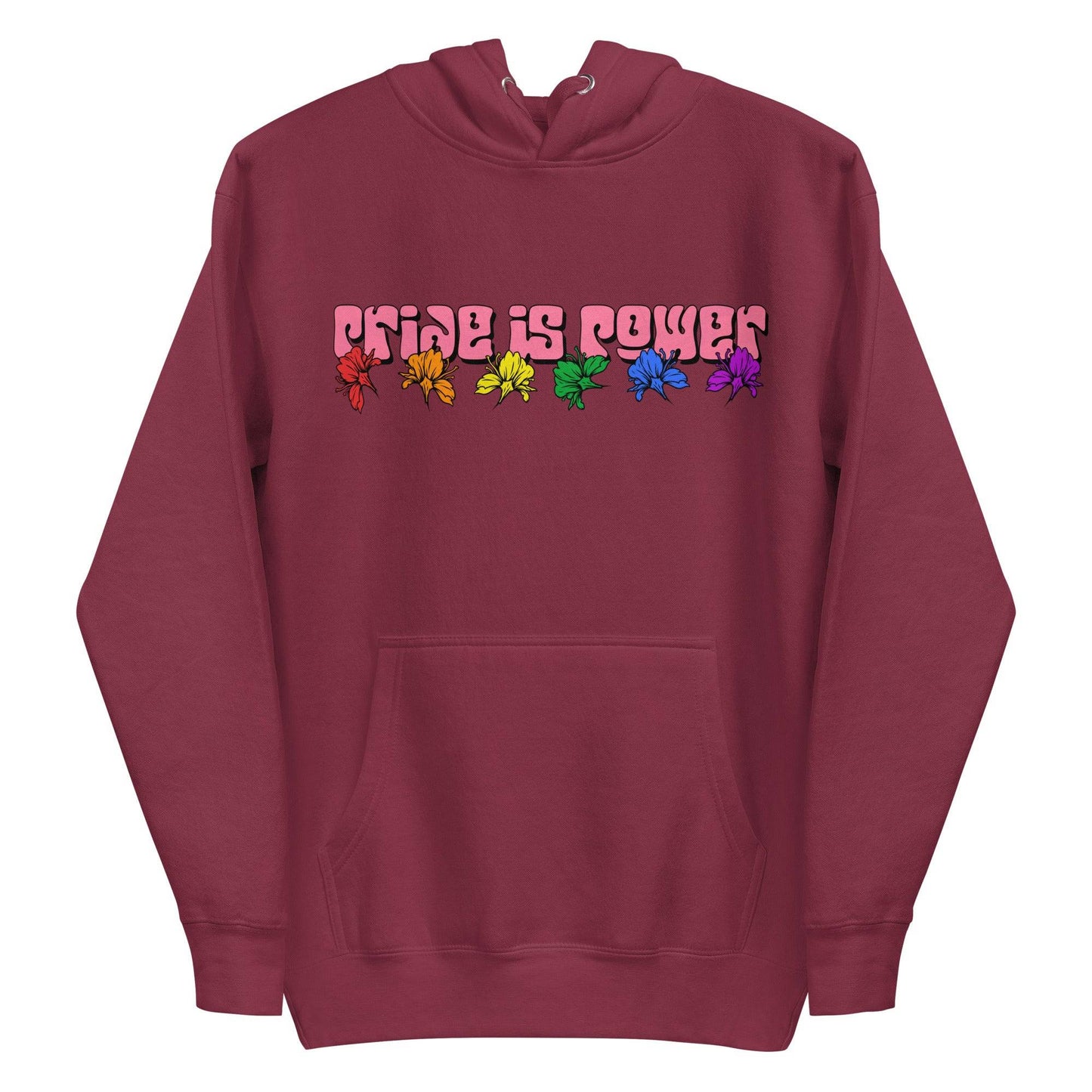Introducing the "Pride Is Power Hoodie" by Pridelity: This white hoodie showcases the empowering message "Pride is Power" in bold, colorful letters above a vibrant rainbow row of leaves. It is a proud representation of diversity and inclusivity, perfectly complementing our pride shirts collection that celebrates unity.