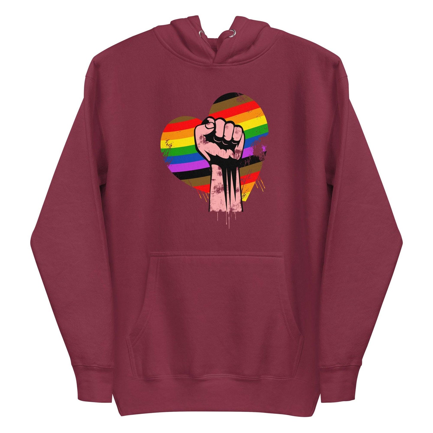 The Pridelity Fist Up Hoodie features a striking design of a raised fist within a heart filled with rainbow hues, beautifully blending empowerment and LGBTQ+ pride. This design stands out on its crisp white fabric.