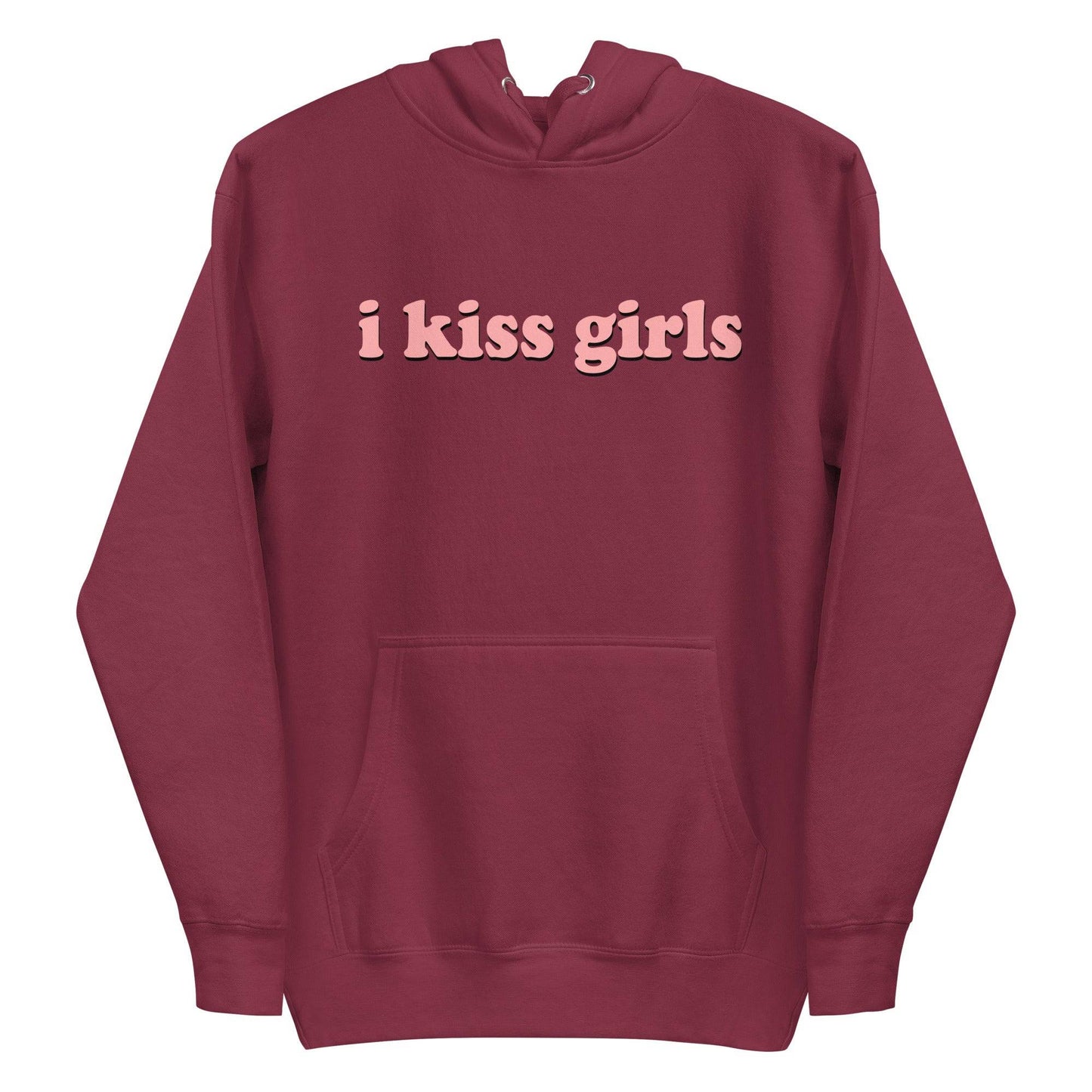 The "I Kiss Girls" Hoodie by Pridelity is a pride celebration in dusty rose, featuring bold, light pink lettering on the front, along with a convenient front pocket and drawstring hood.