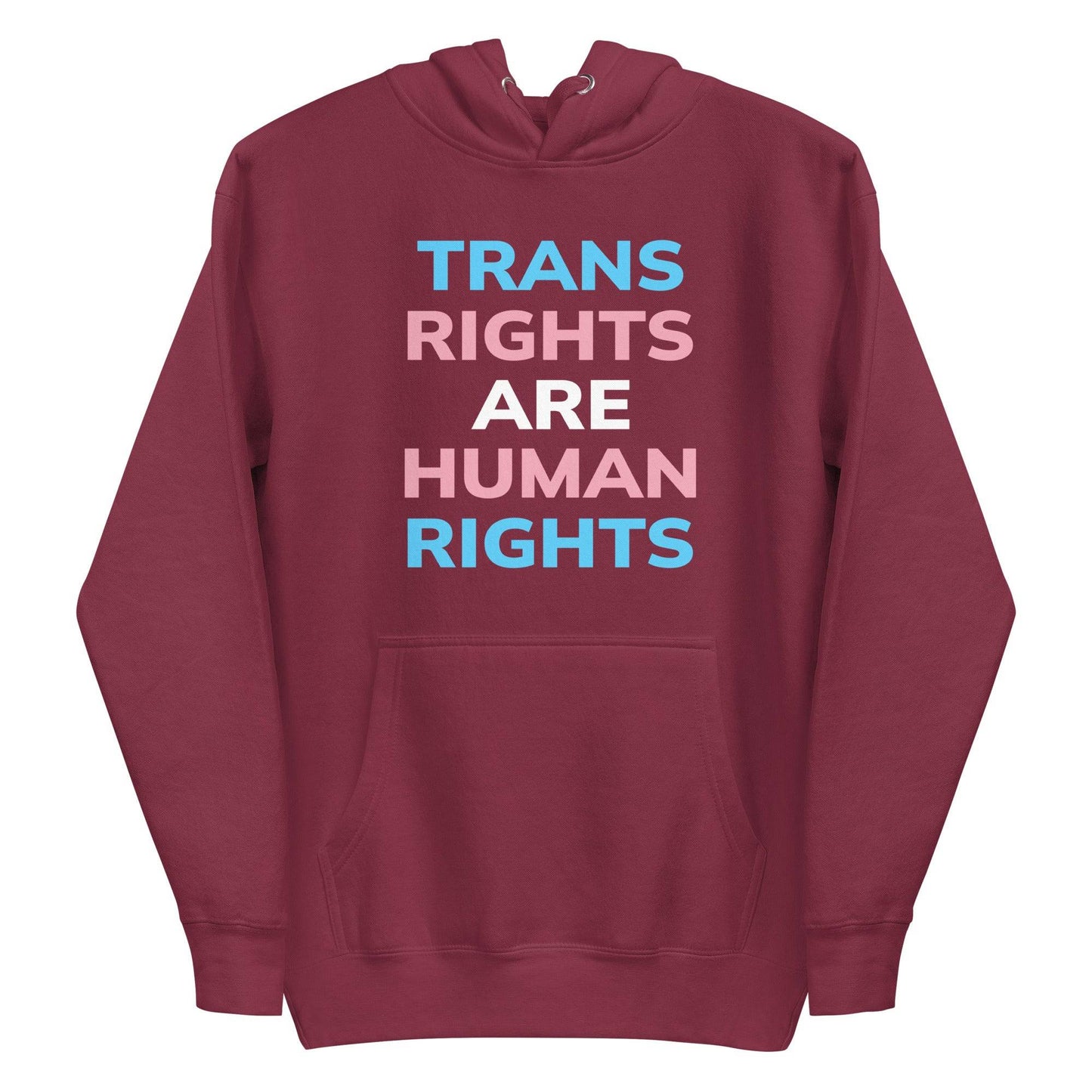 Introducing the Trans Rights Hoodie from Pridelity's pride collection—this navy blazer hoodie prominently showcases the phrase "TRANS RIGHTS ARE HUMAN RIGHTS" in bold, alternating hues of blue, pink, and white, celebrating LGBTQ+ rights.