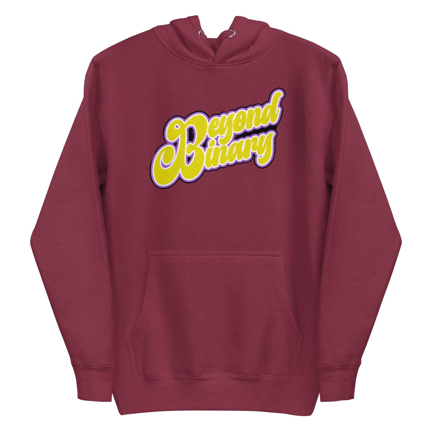 The Pridelity "Beyond Binary" Hoodie features a front pocket and displays the phrase in striking yellow and purple script, making it an ideal choice for those embracing Pride Collections.