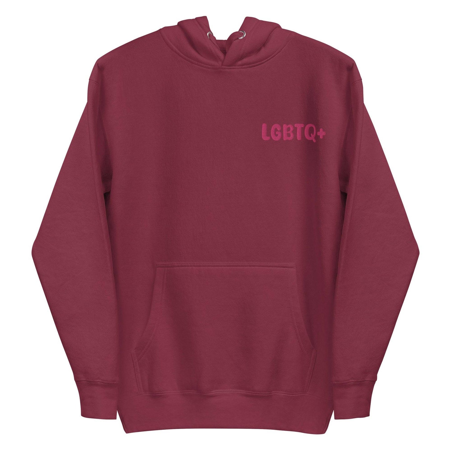 Introducing the Pridelity LGBTQ+ Hoodie in white, showcasing a small red "LGBTQ+" print on the left chest. This pride hoodie combines comfort and style, featuring a front pocket and drawstrings for those wishing to express their support with understated elegance.