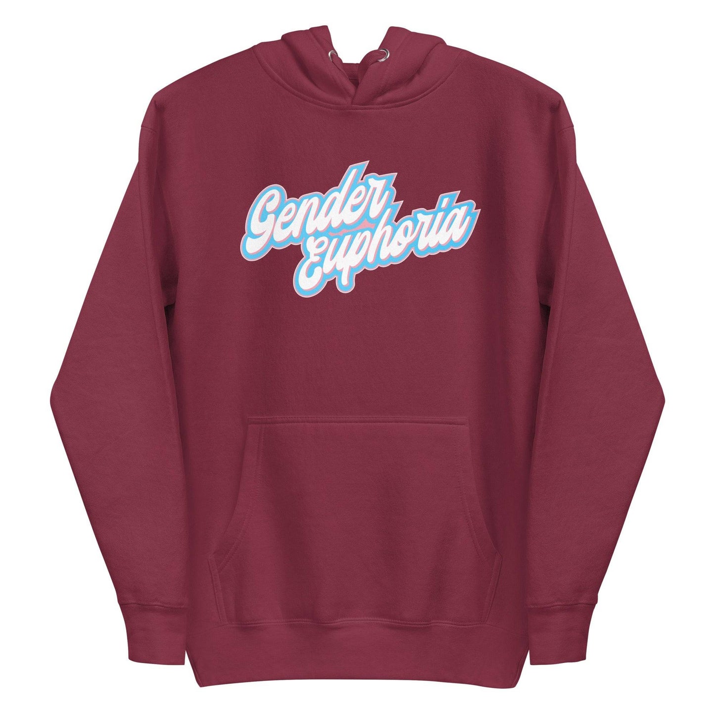 Introducing the Pridelity Gender Euphoria Hoodie, a stylish white piece adorned with "Gender Euphoria" in elegant blue and pink script across the chest. It features a front pocket and adjustable hood drawstrings for added comfort.